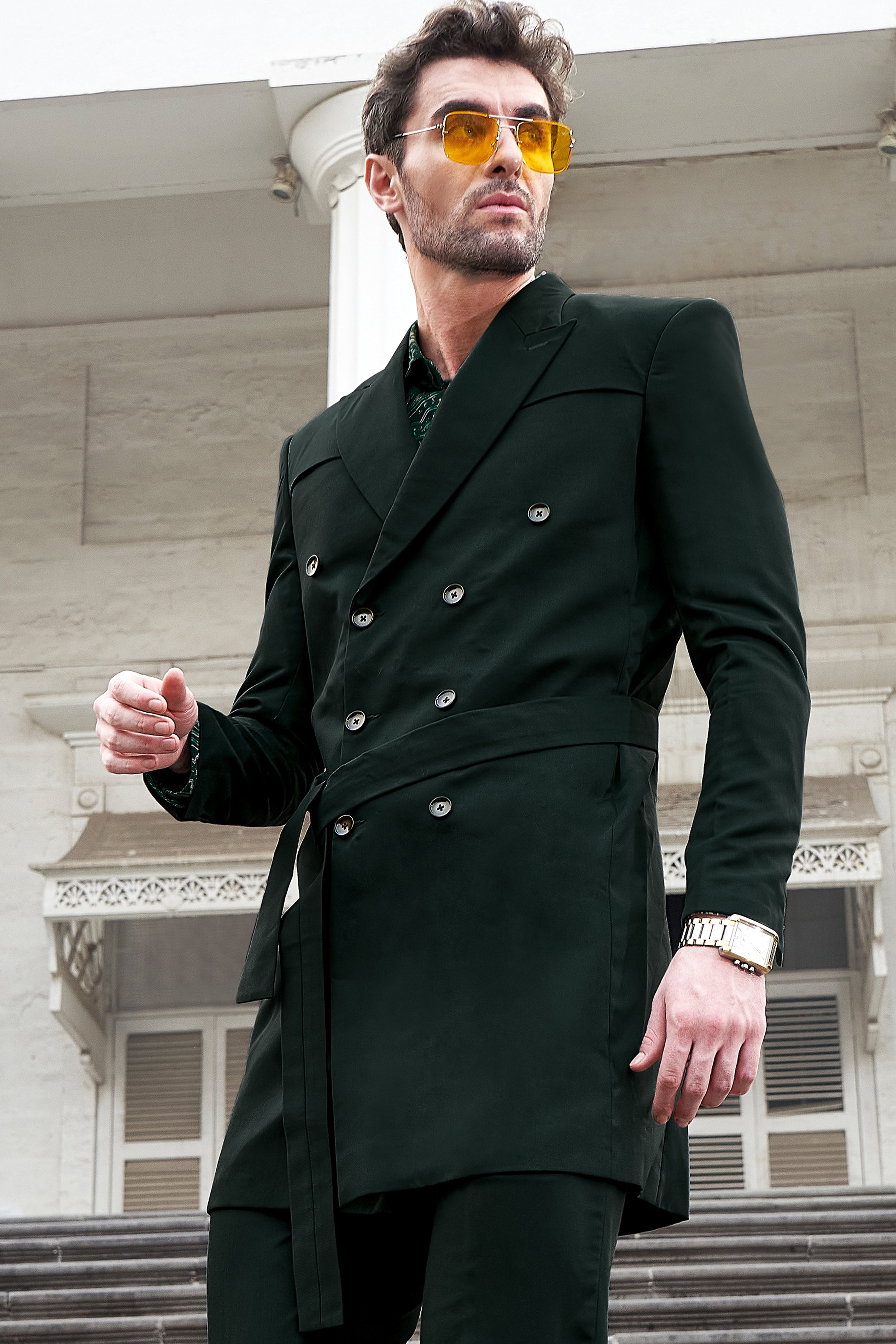 Juniper Green Subtle Sheen Double Breasted Trench Coat with Pant