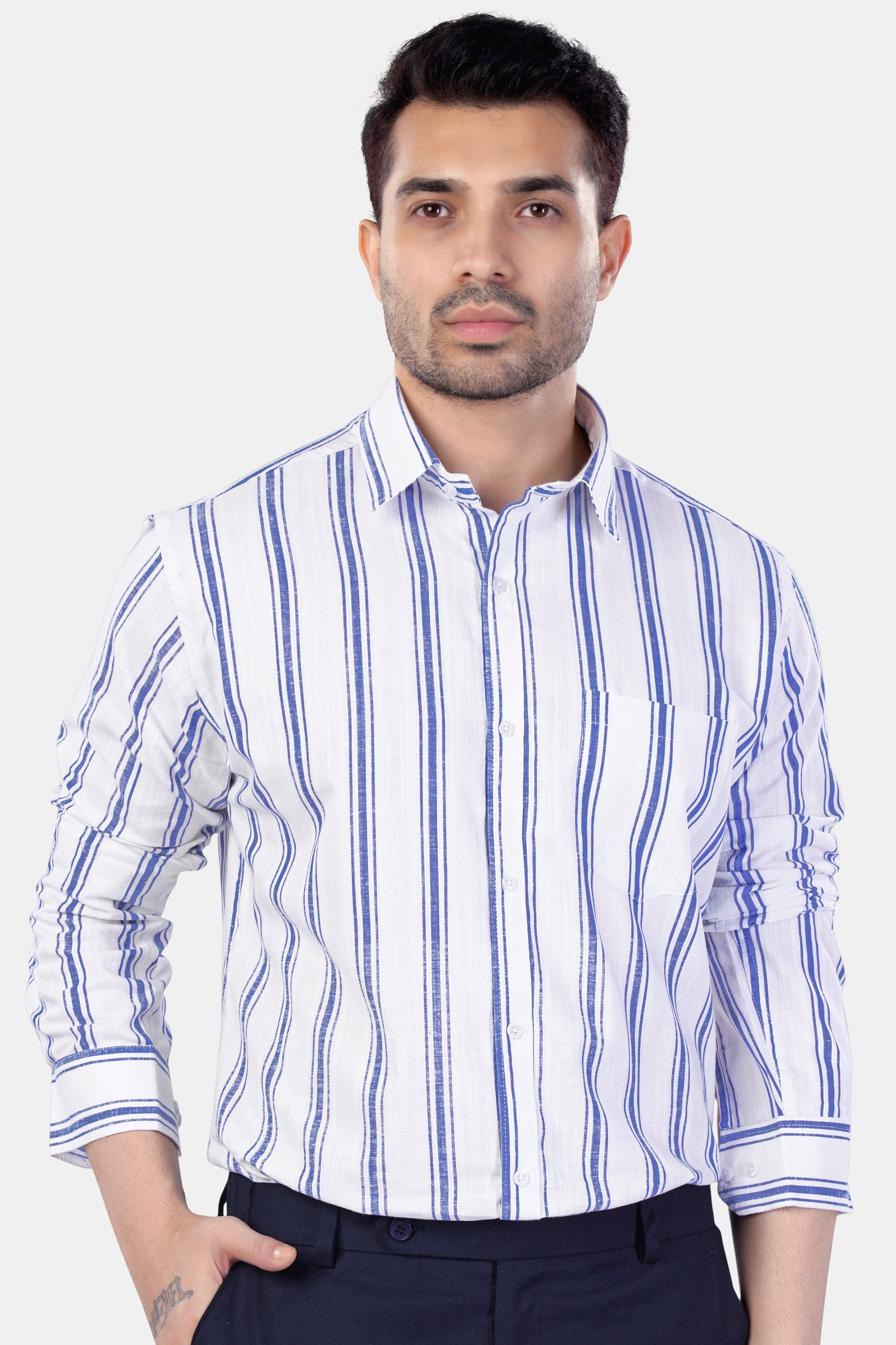 7swords-Bright White with Wild Yonde Blue Striped Premium Cotton Shirt 7S-185-38, 7S-185-39, 7S-185-40, 7S-185-42