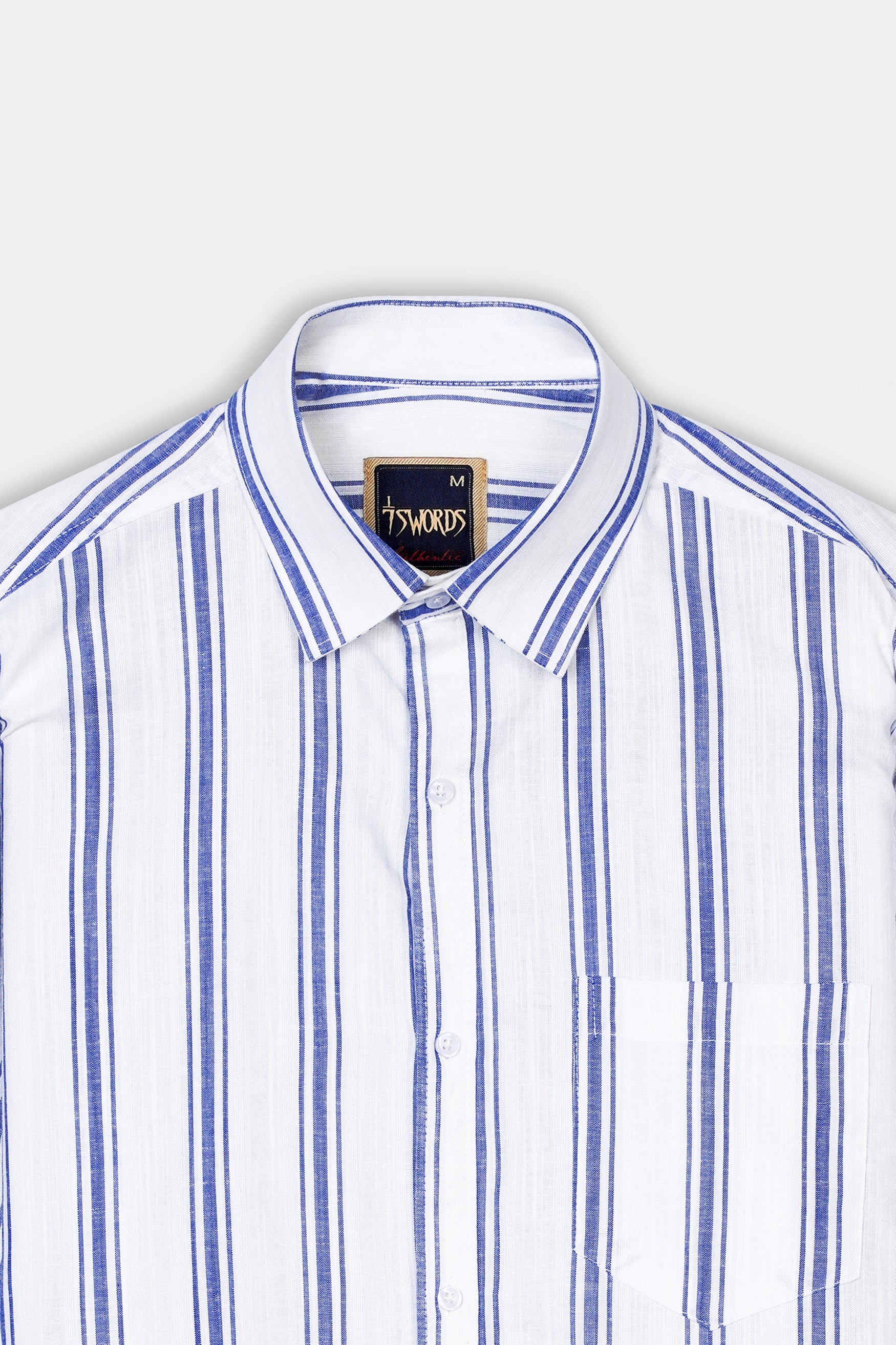 7swords-Bright White with Wild Yonde Blue Striped Premium Cotton Shirt 7S-185-38, 7S-185-39, 7S-185-40, 7S-185-42