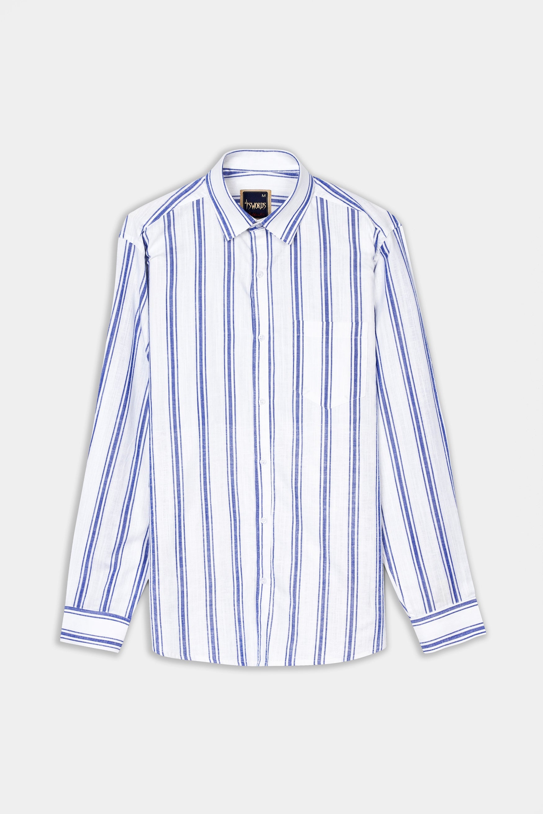 7swords-Bright White with Wild Yonde Blue Striped Premium Cotton Shirt 7S-185-38, 7S-185-39, 7S-185-40, 7S-185-42