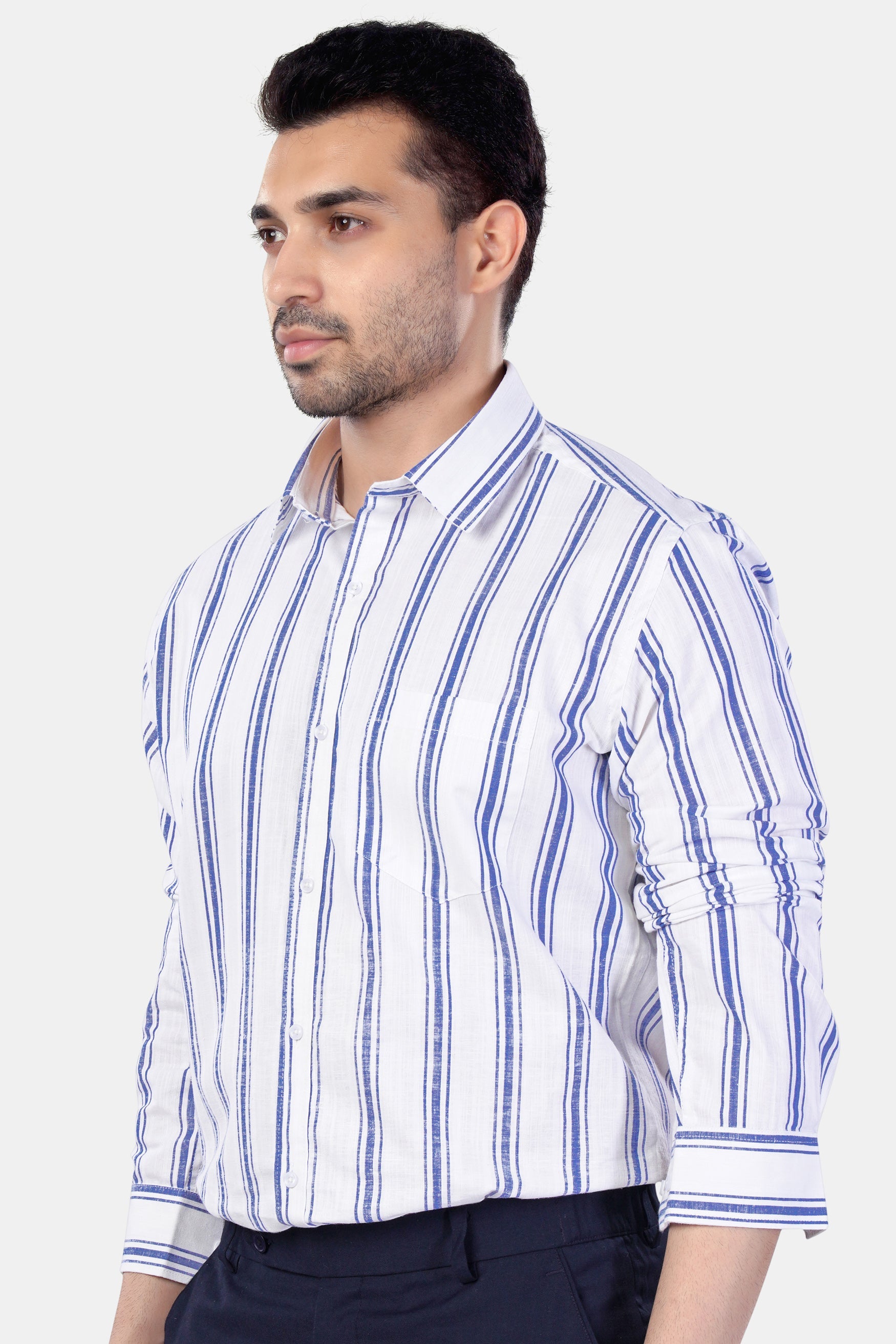 7swords-Bright White with Wild Yonde Blue Striped Premium Cotton Shirt 7S-185-38, 7S-185-39, 7S-185-40, 7S-185-42