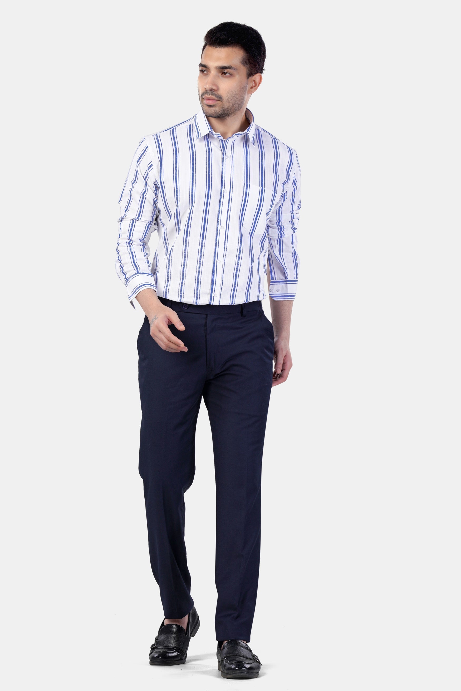 7swords-Bright White with Wild Yonde Blue Striped Premium Cotton Shirt 7S-185-38, 7S-185-39, 7S-185-40, 7S-185-42