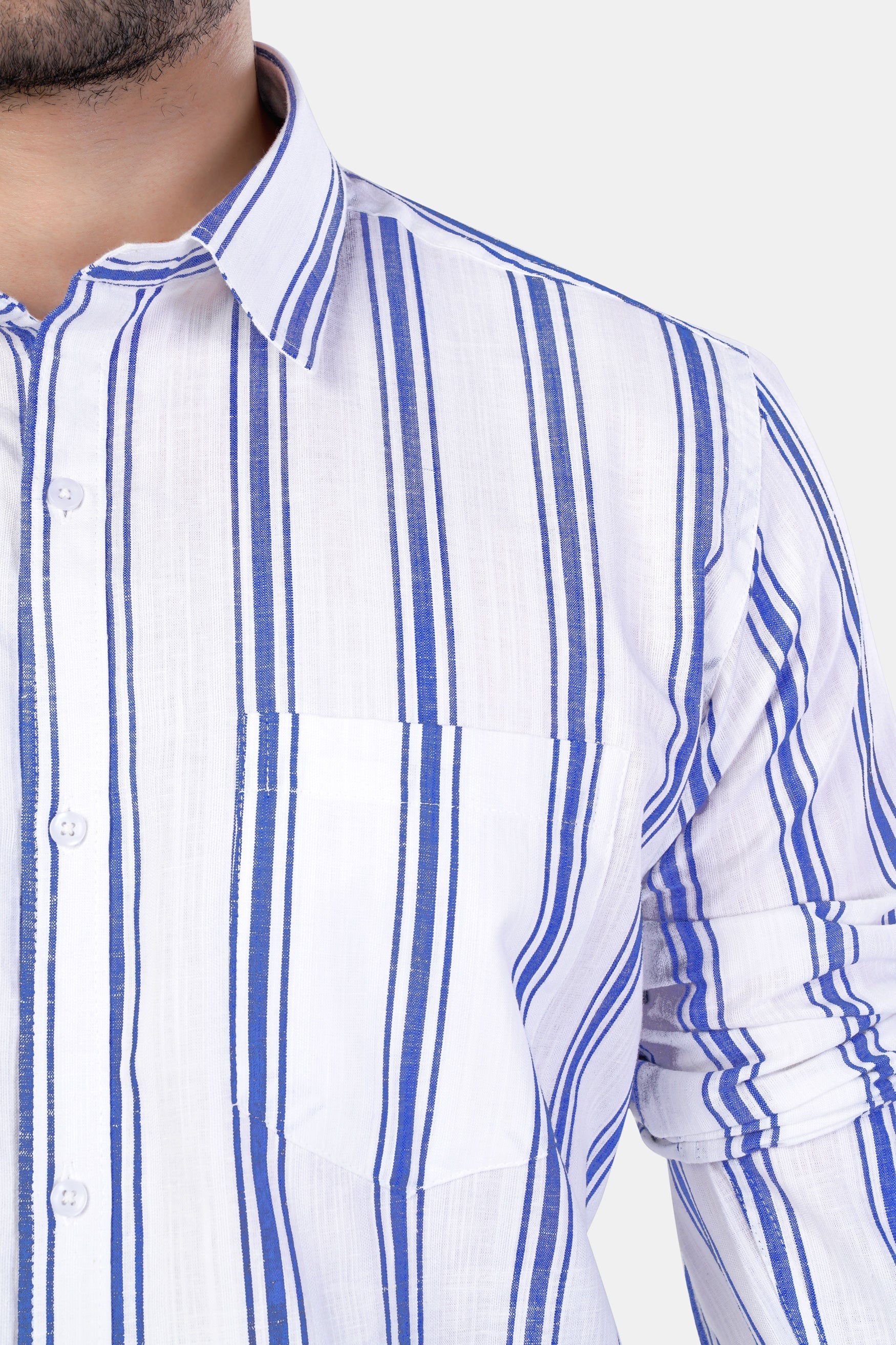 7swords-Bright White with Wild Yonde Blue Striped Premium Cotton Shirt 7S-185-38, 7S-185-39, 7S-185-40, 7S-185-42
