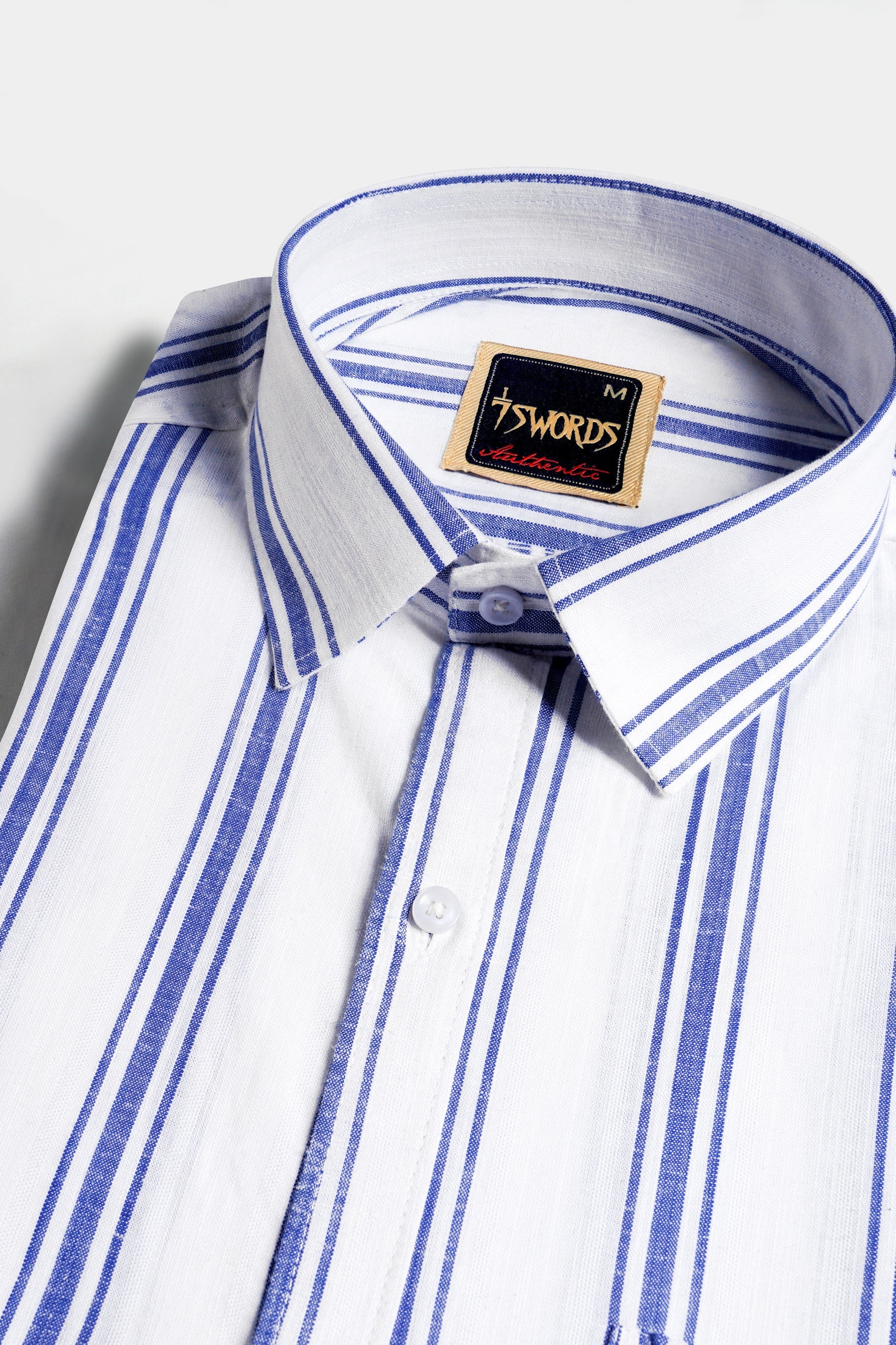 7swords-Bright White with Wild Yonde Blue Striped Premium Cotton Shirt 7S-185-38, 7S-185-39, 7S-185-40, 7S-185-42