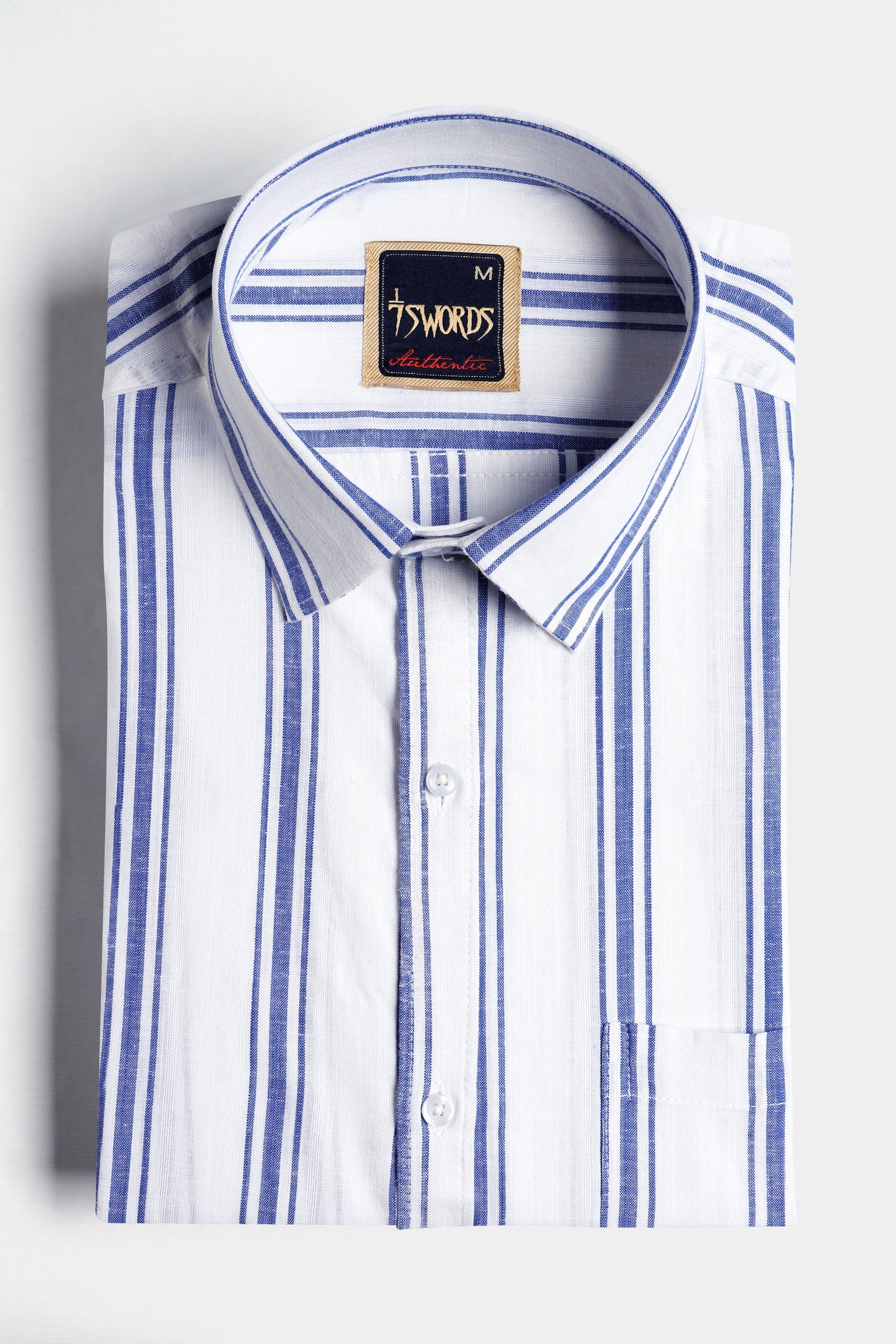 7swords-Bright White with Wild Yonde Blue Striped Premium Cotton Shirt 7S-185-38, 7S-185-39, 7S-185-40, 7S-185-42