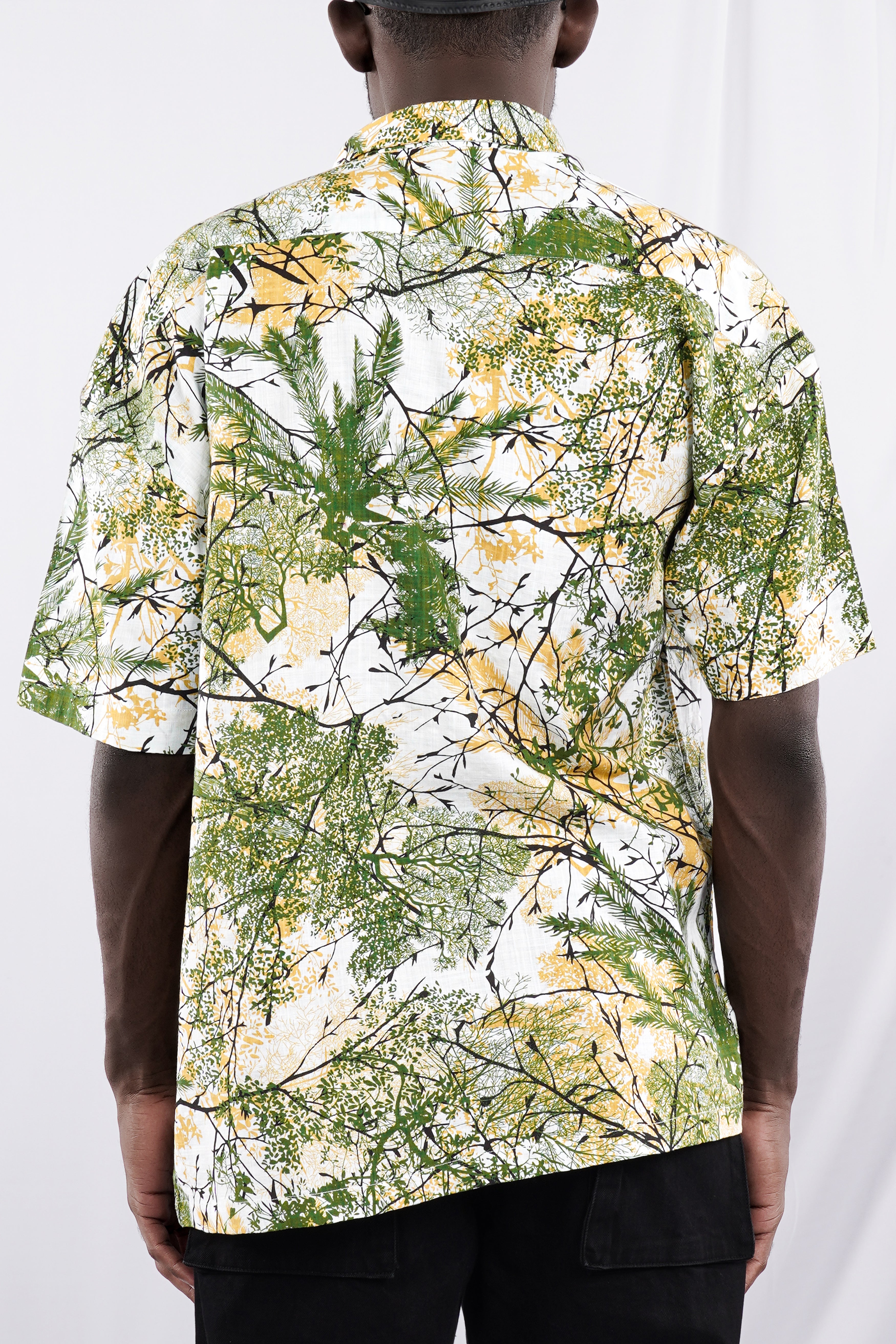 Bright White and Killarney Green Printed Lightweight Oversized Premium Cotton Shirt