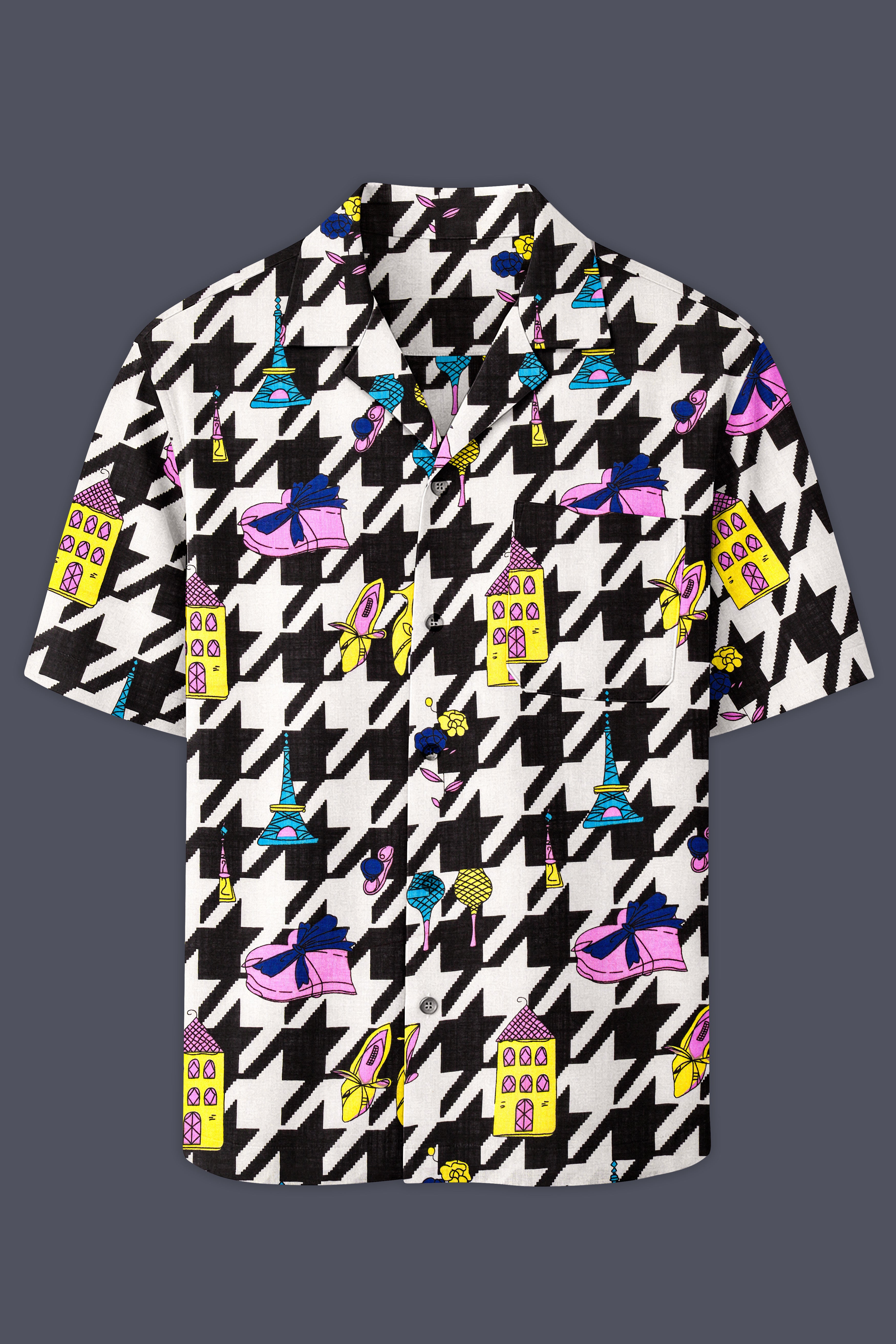 Black & White with Lavender Pink Herringbone Printed Lightweight Oversized Premium Cotton Shirt