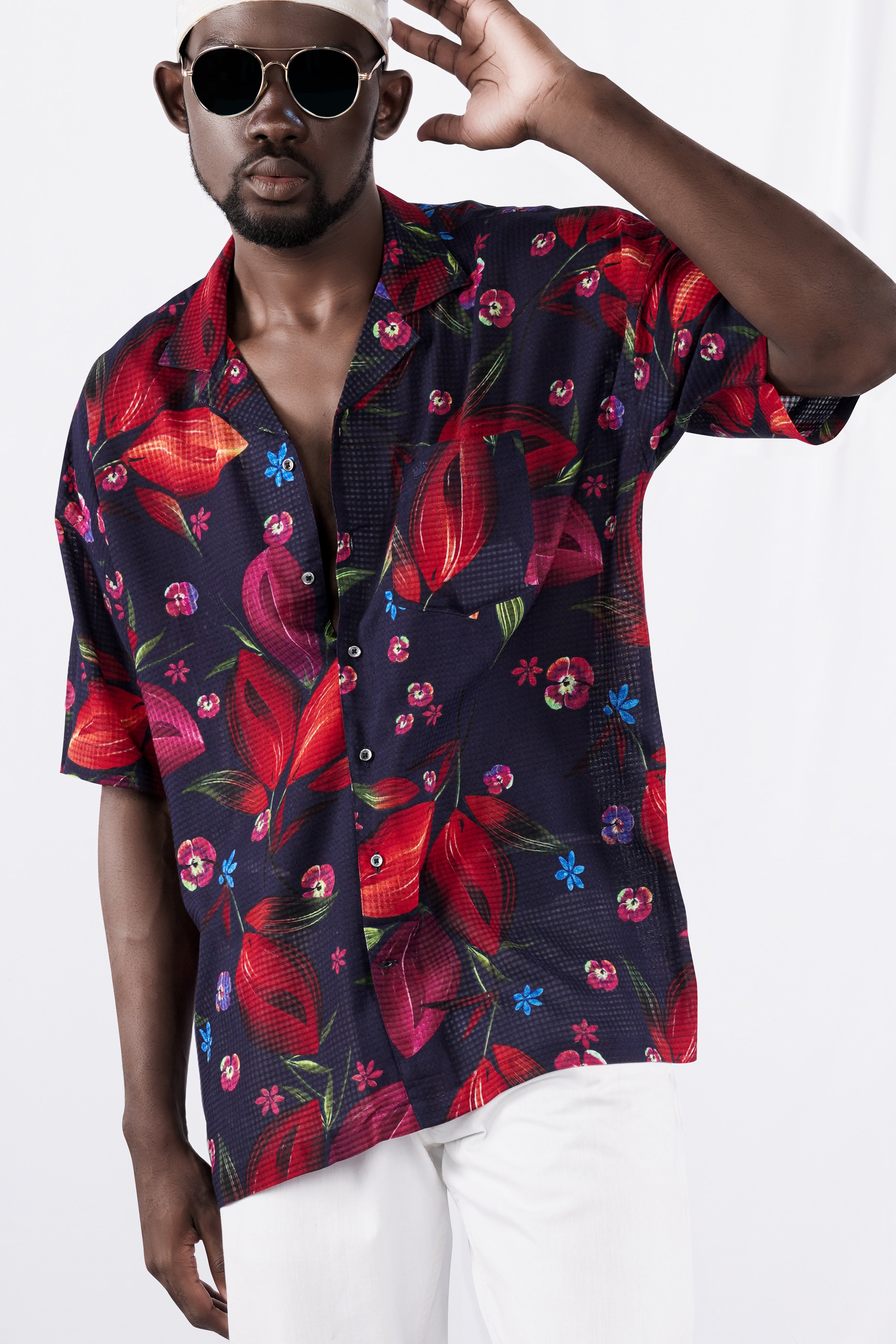 Cinder Blue with Mulberry Wine Floral Printed Lightweight Premium Cotton Oversized Shirt