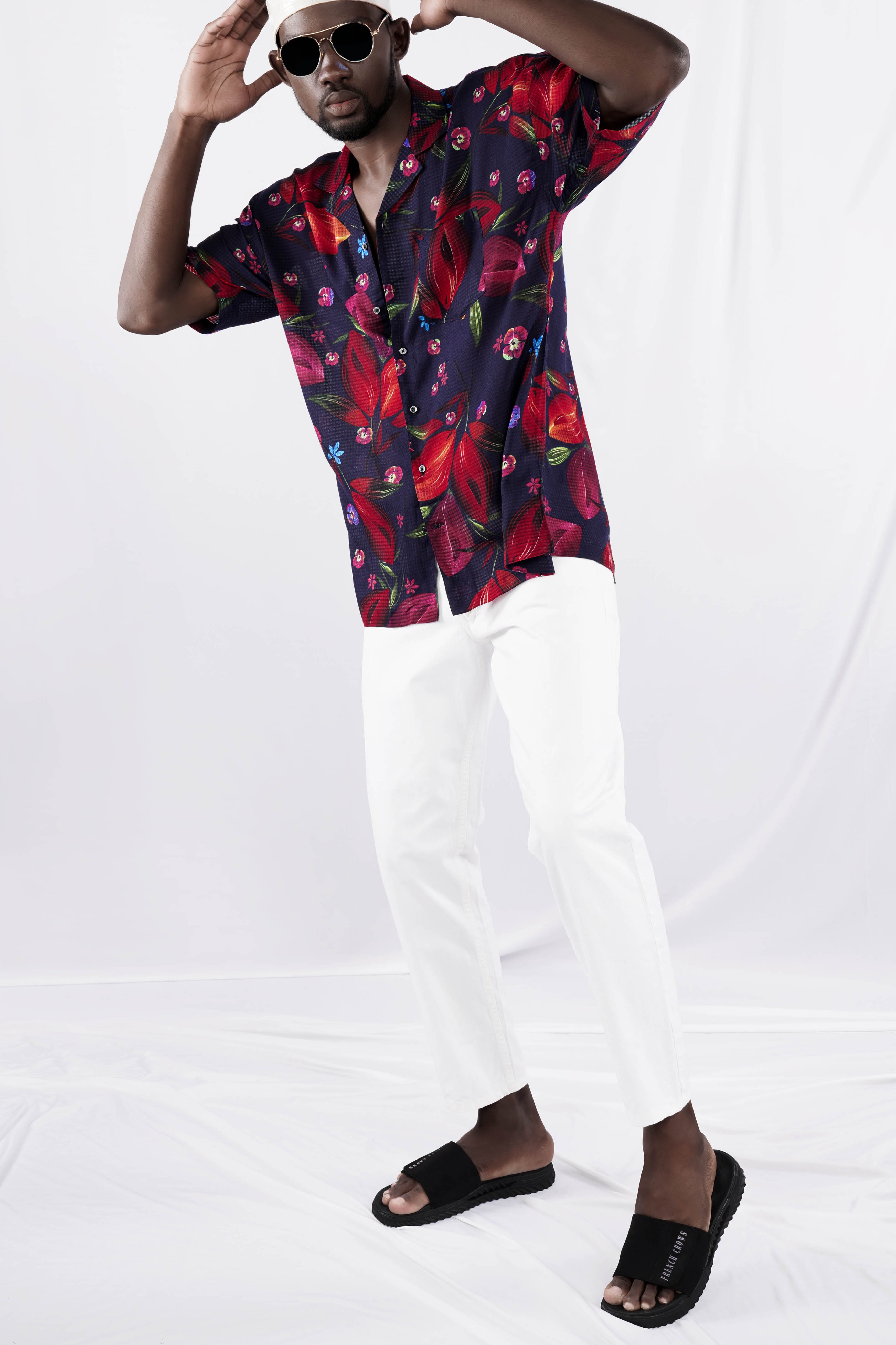 Cinder Blue with Mulberry Wine Floral Printed Lightweight Premium Cotton Oversized Shirt