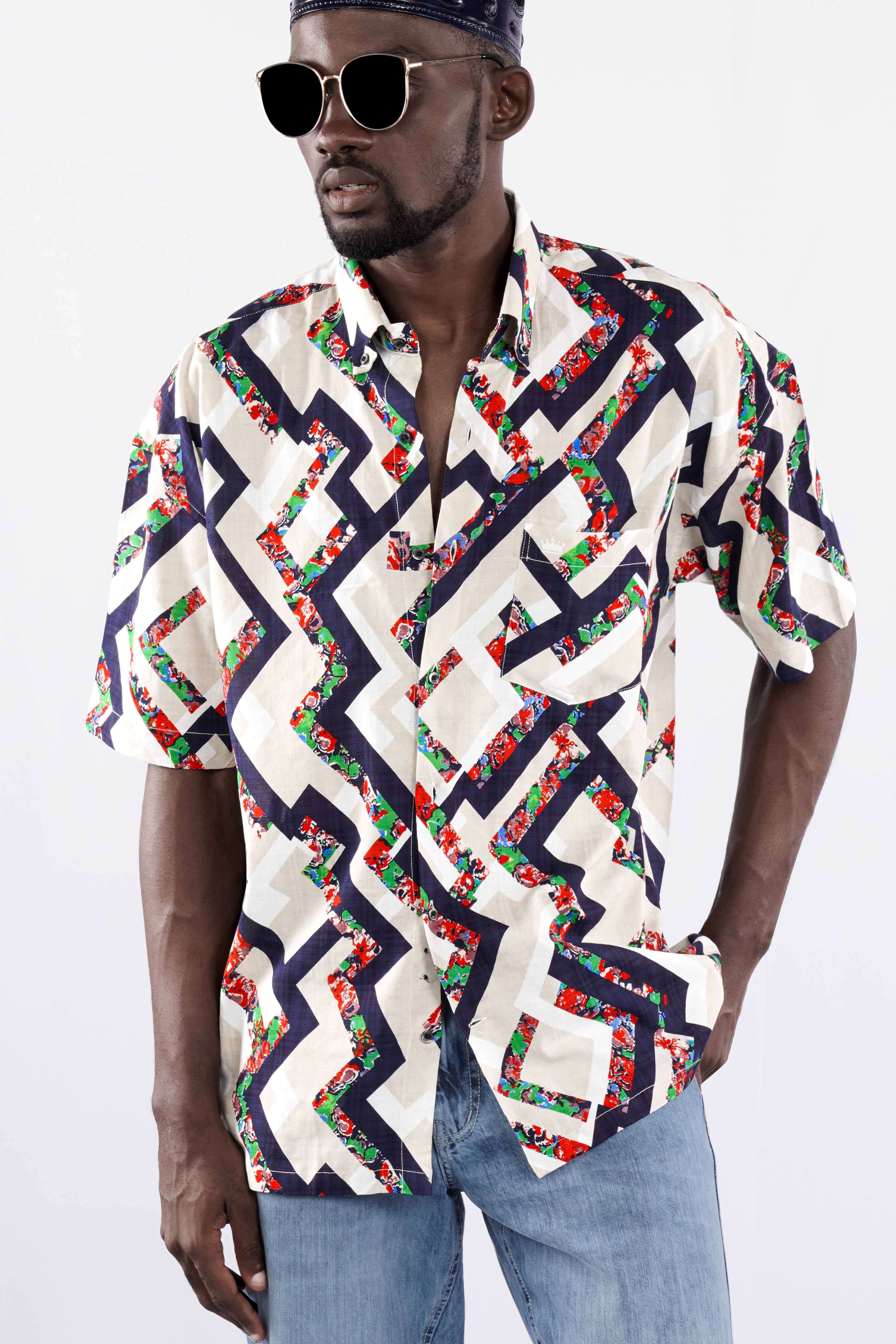 Westar Cream with Bastille Blue Funky Printed Lightweight Premium Cotton Oversized Shirt