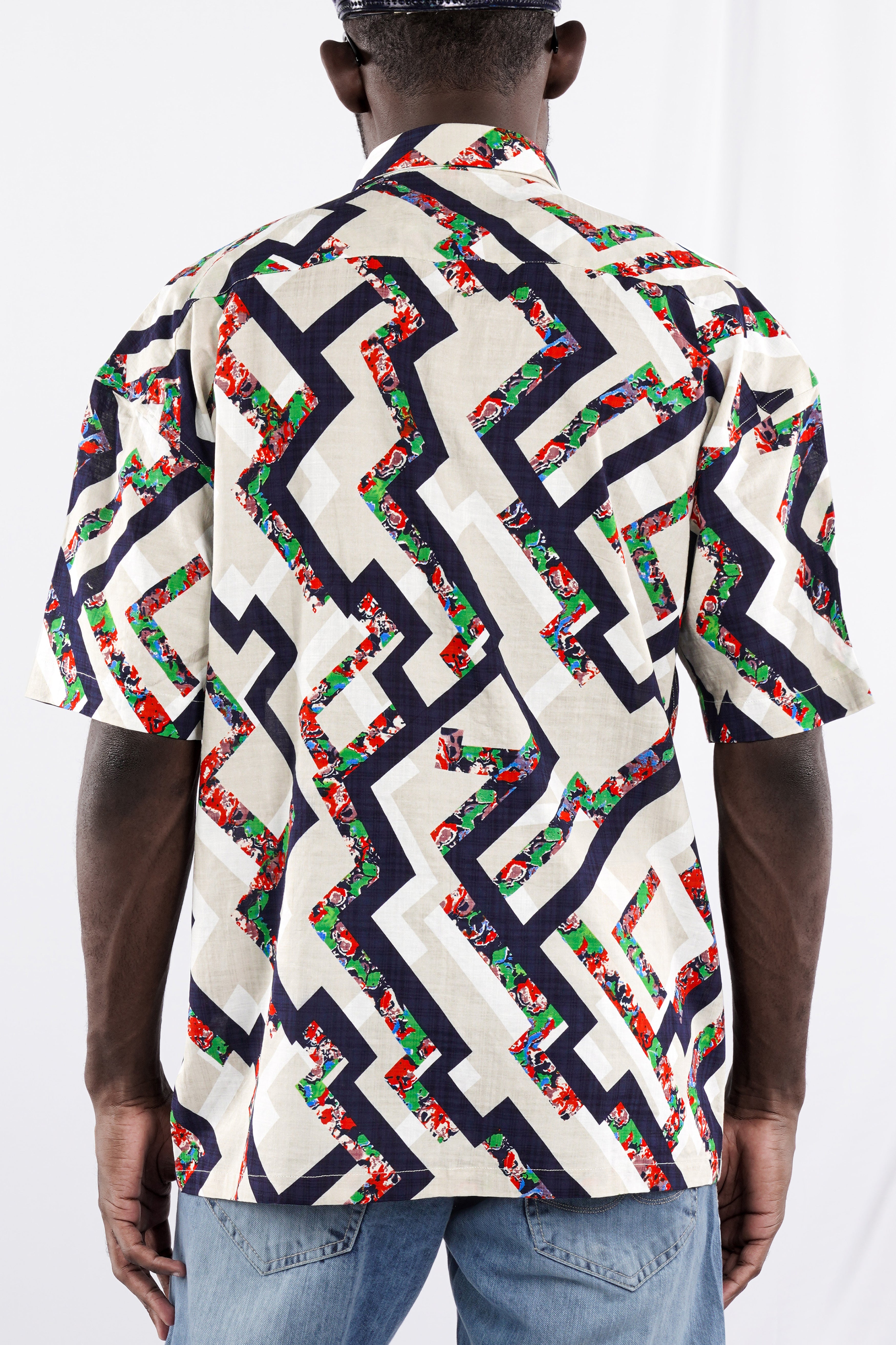 Westar Cream with Bastille Blue Funky Printed Lightweight Premium Cotton Oversized Shirt