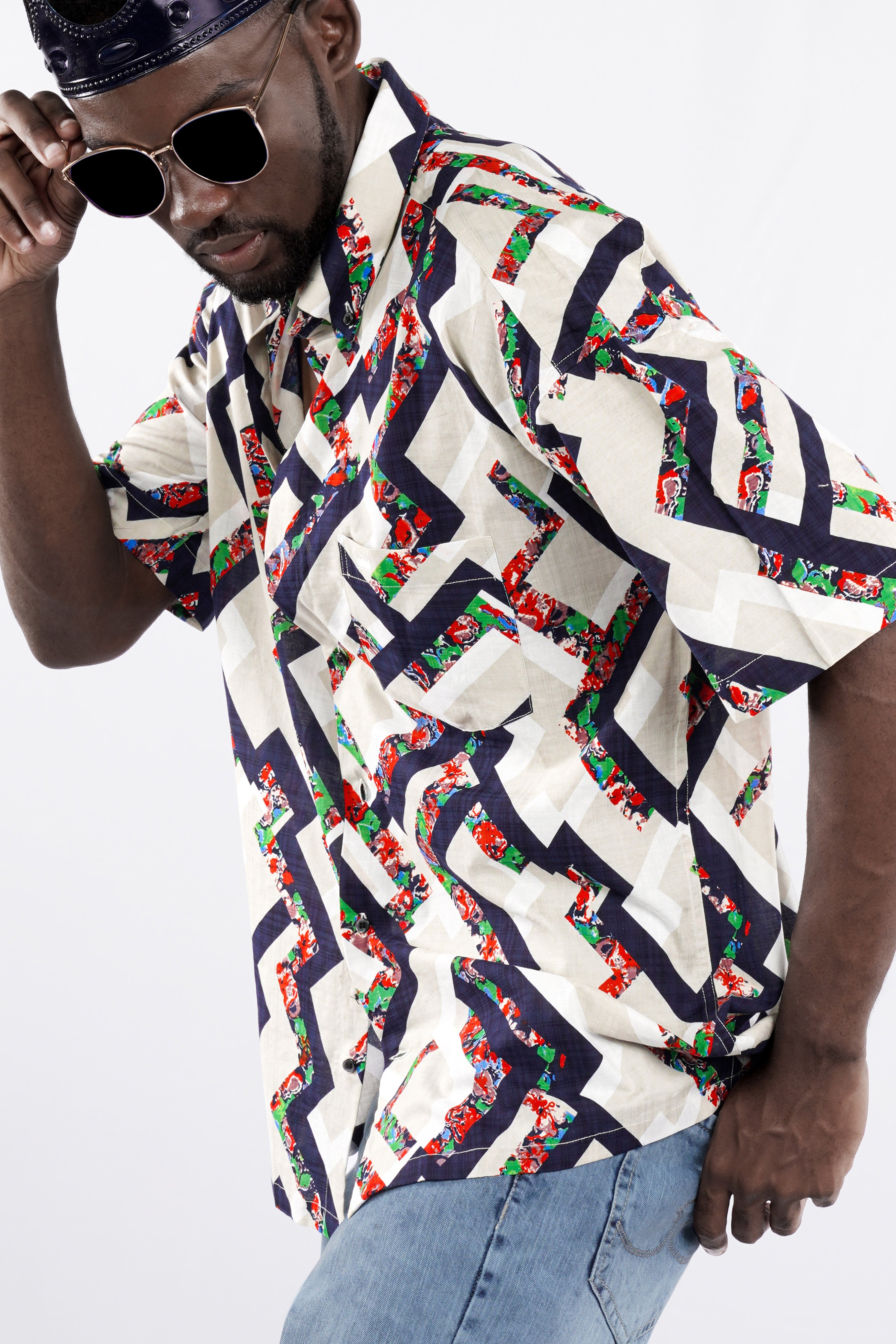 Westar Cream with Bastille Blue Funky Printed Lightweight Premium Cotton Oversized Shirt