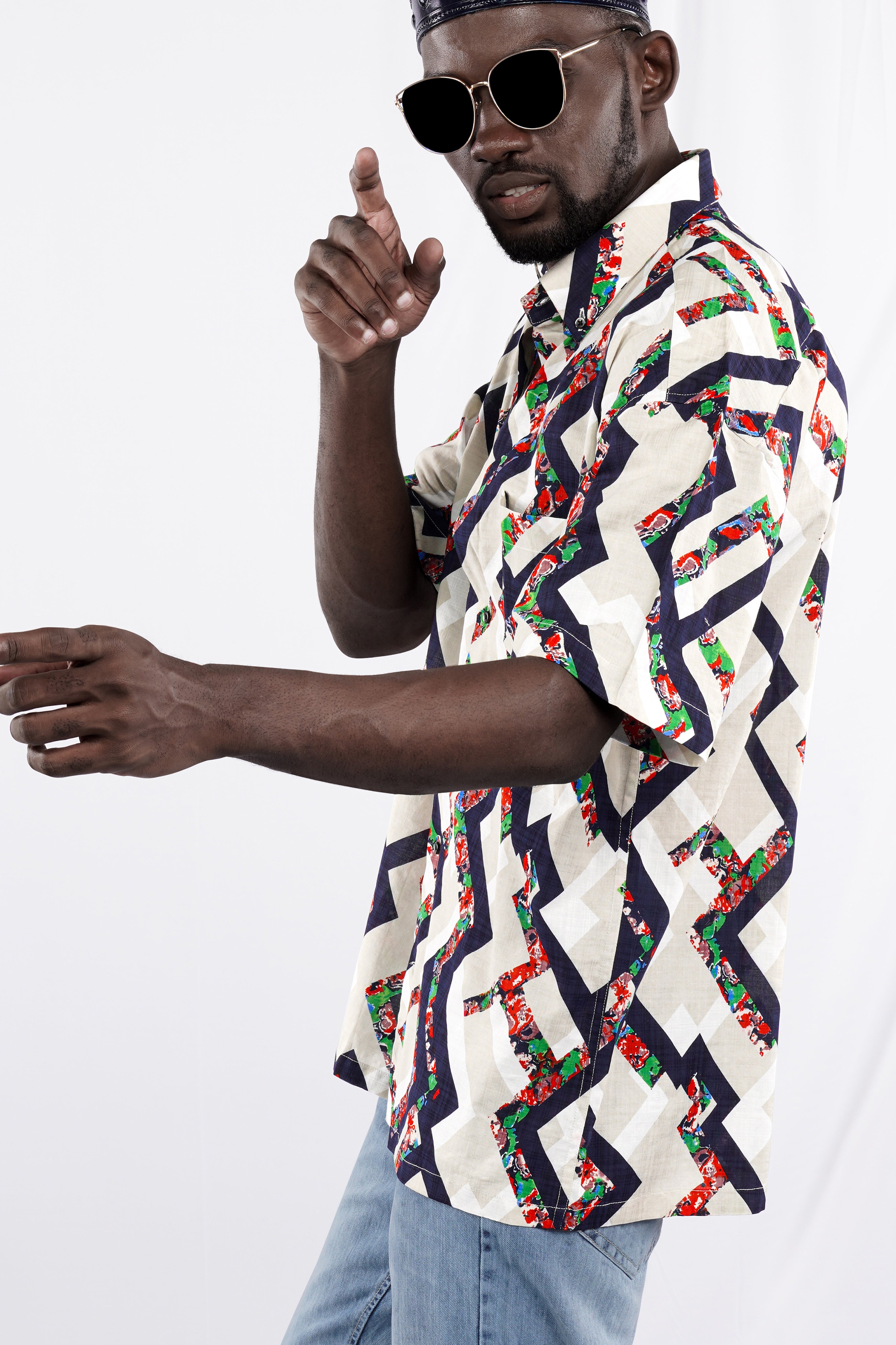 Westar Cream with Bastille Blue Funky Printed Lightweight Premium Cotton Oversized Shirt