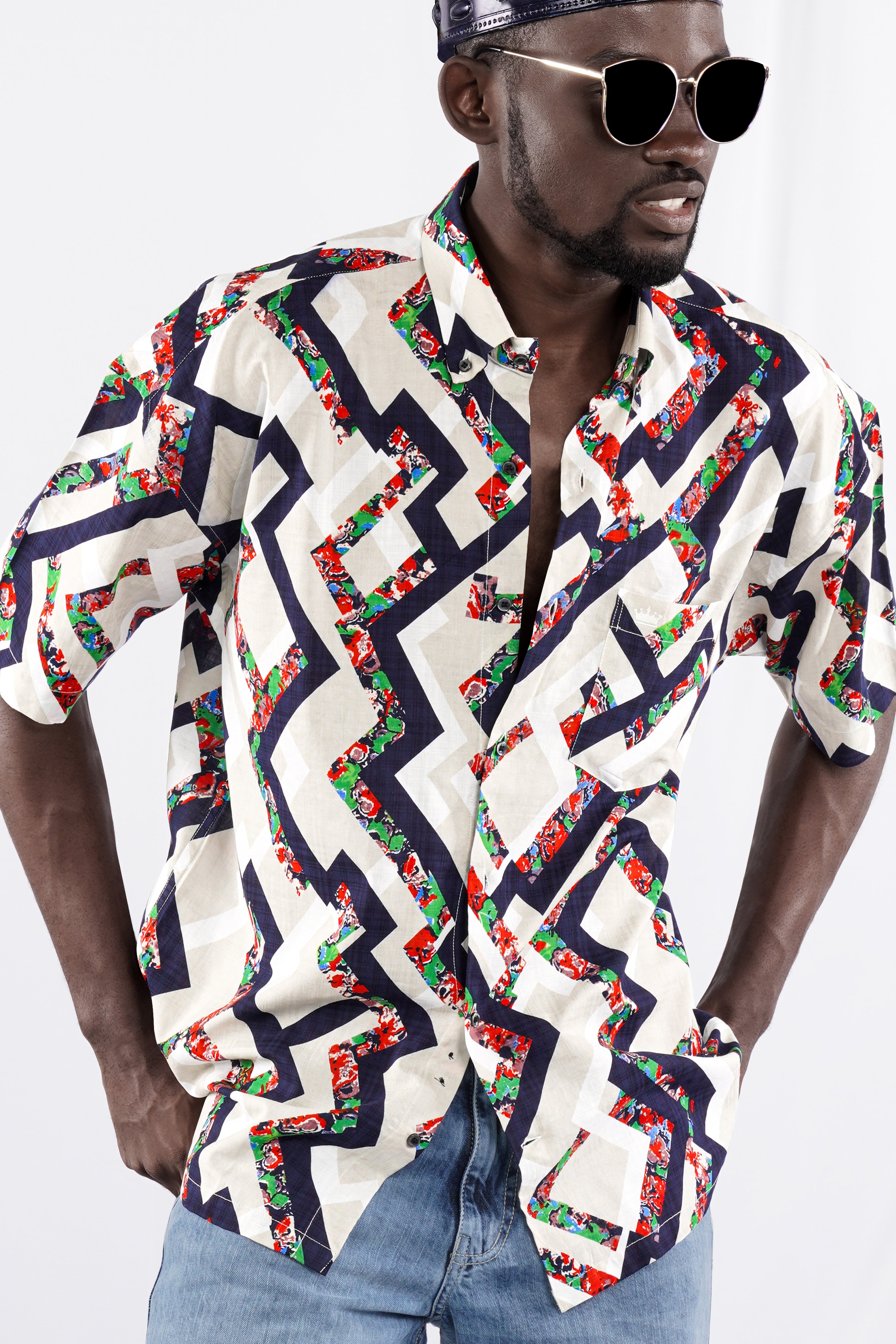 Westar Cream with Bastille Blue Funky Printed Lightweight Premium Cotton Oversized Shirt