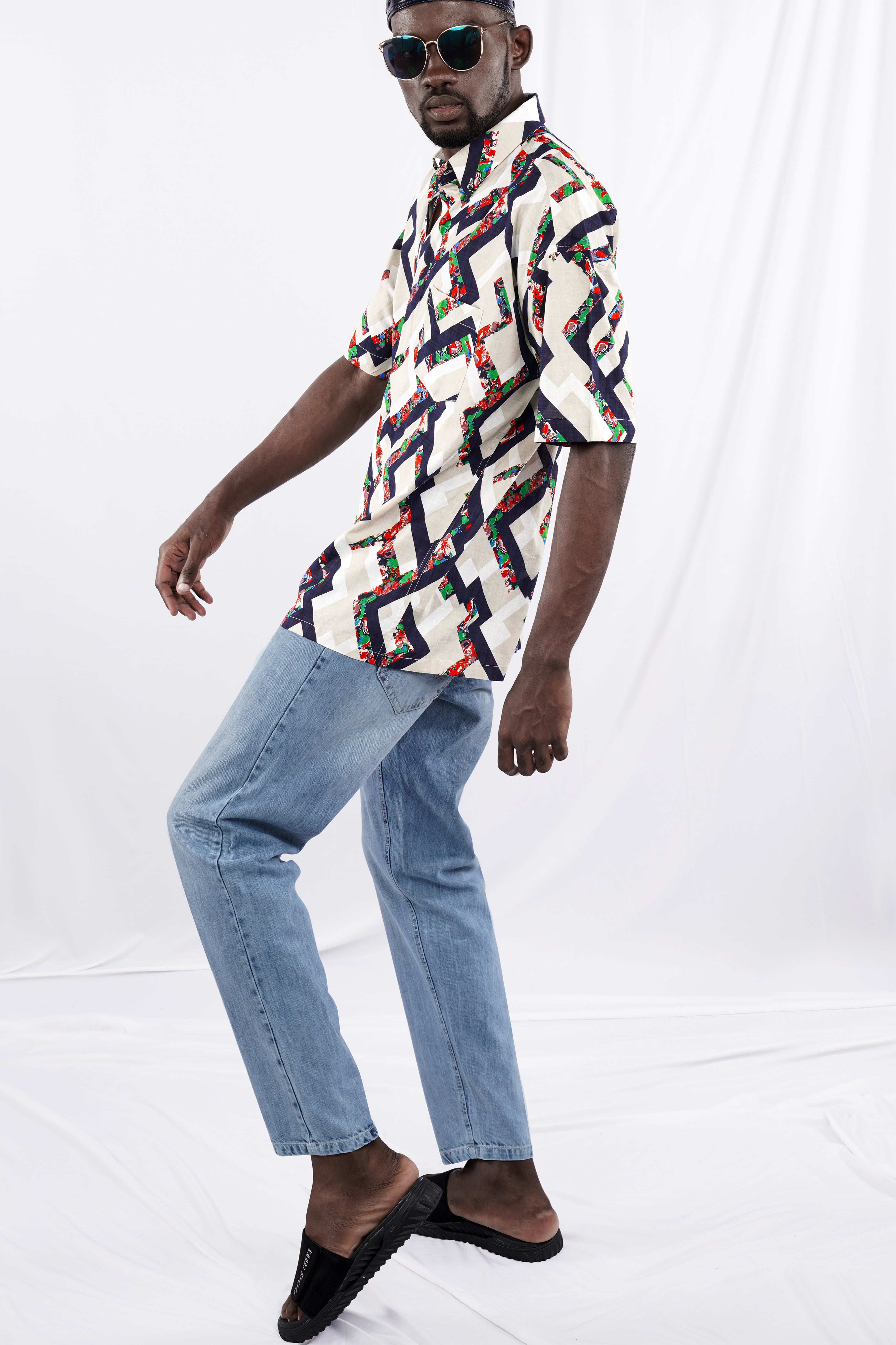 Westar Cream with Bastille Blue Funky Printed Lightweight Premium Cotton Oversized Shirt