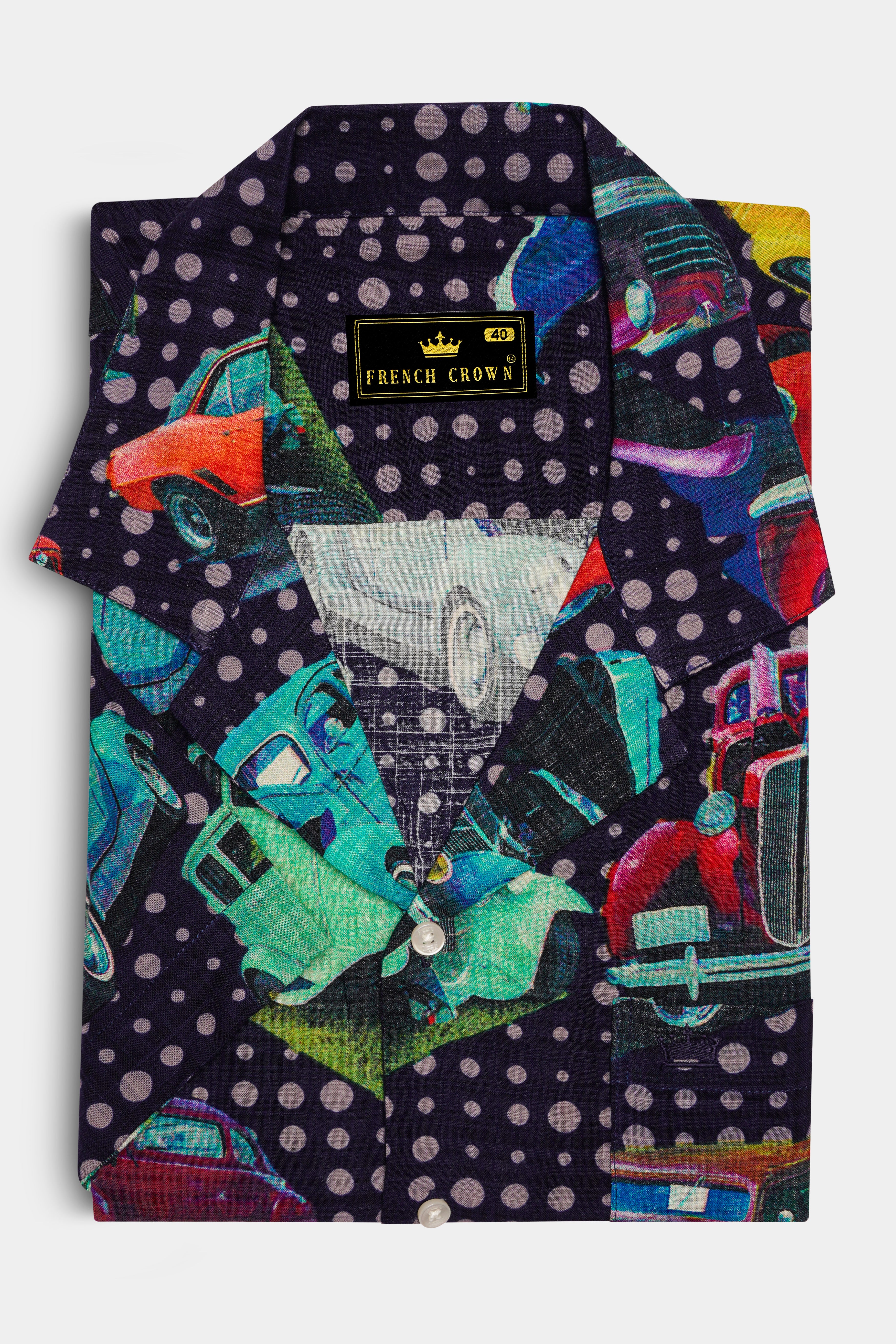 Cinder Blue Vintage Car Printed Lightweight Premium Cotton Oversized Shirt