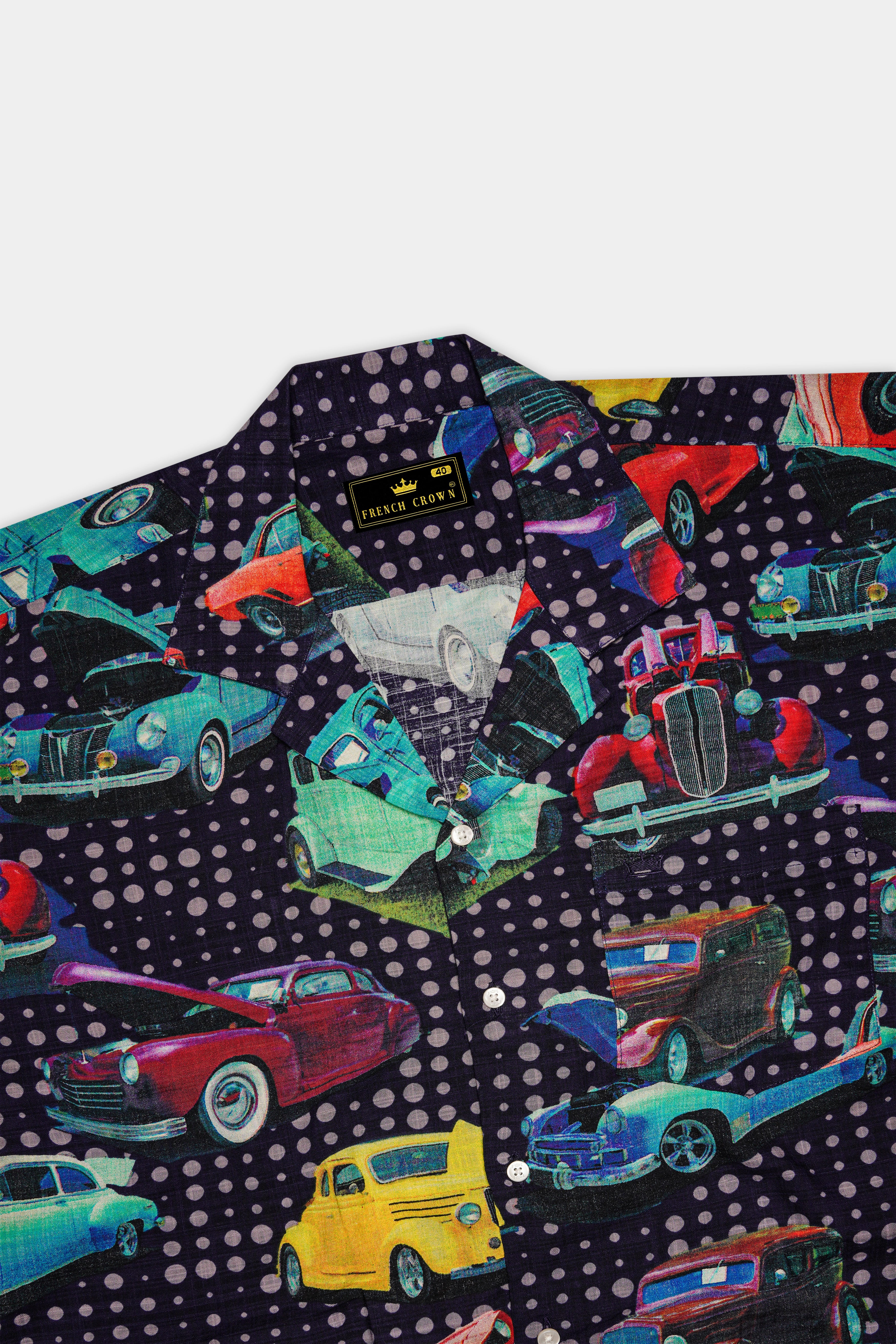 Cinder Blue Vintage Car Printed Lightweight Premium Cotton Oversized Shirt