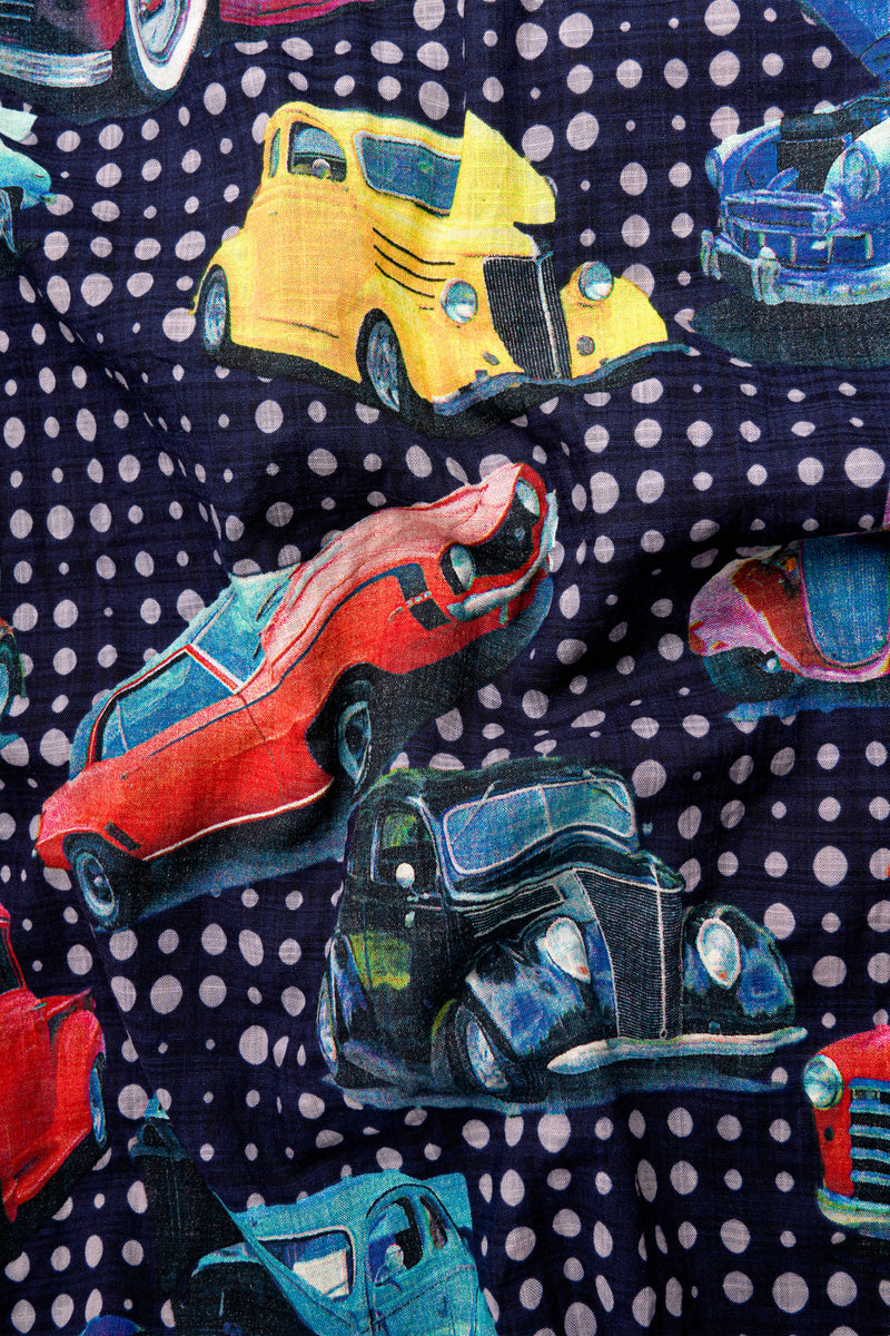 Cinder Navy Blue Vintage Car Printed Lightweight Premium Cotton Oversized Shirt