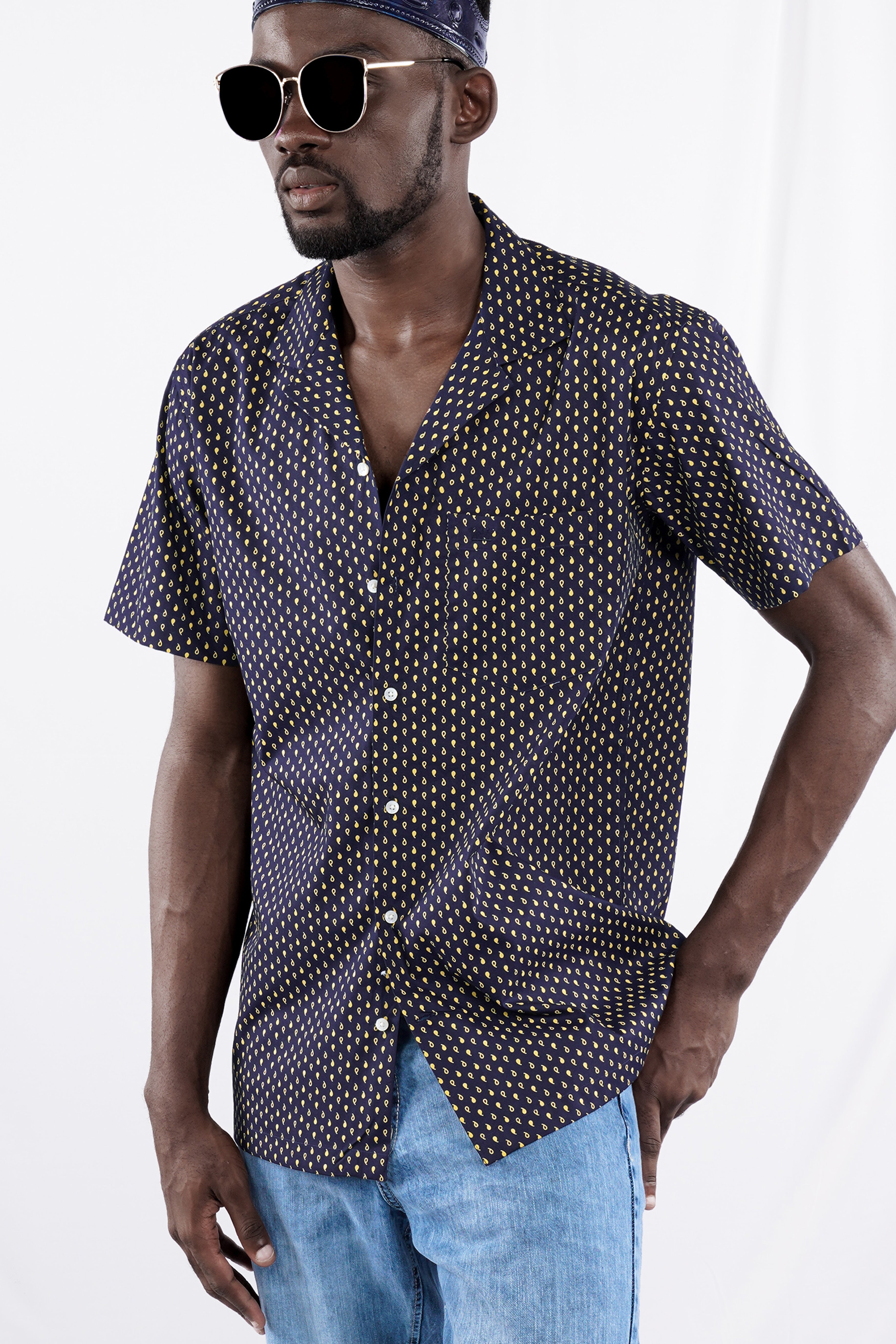 Ebony Clay Navy Blue Printed Lightweight Premium Cotton Shirt