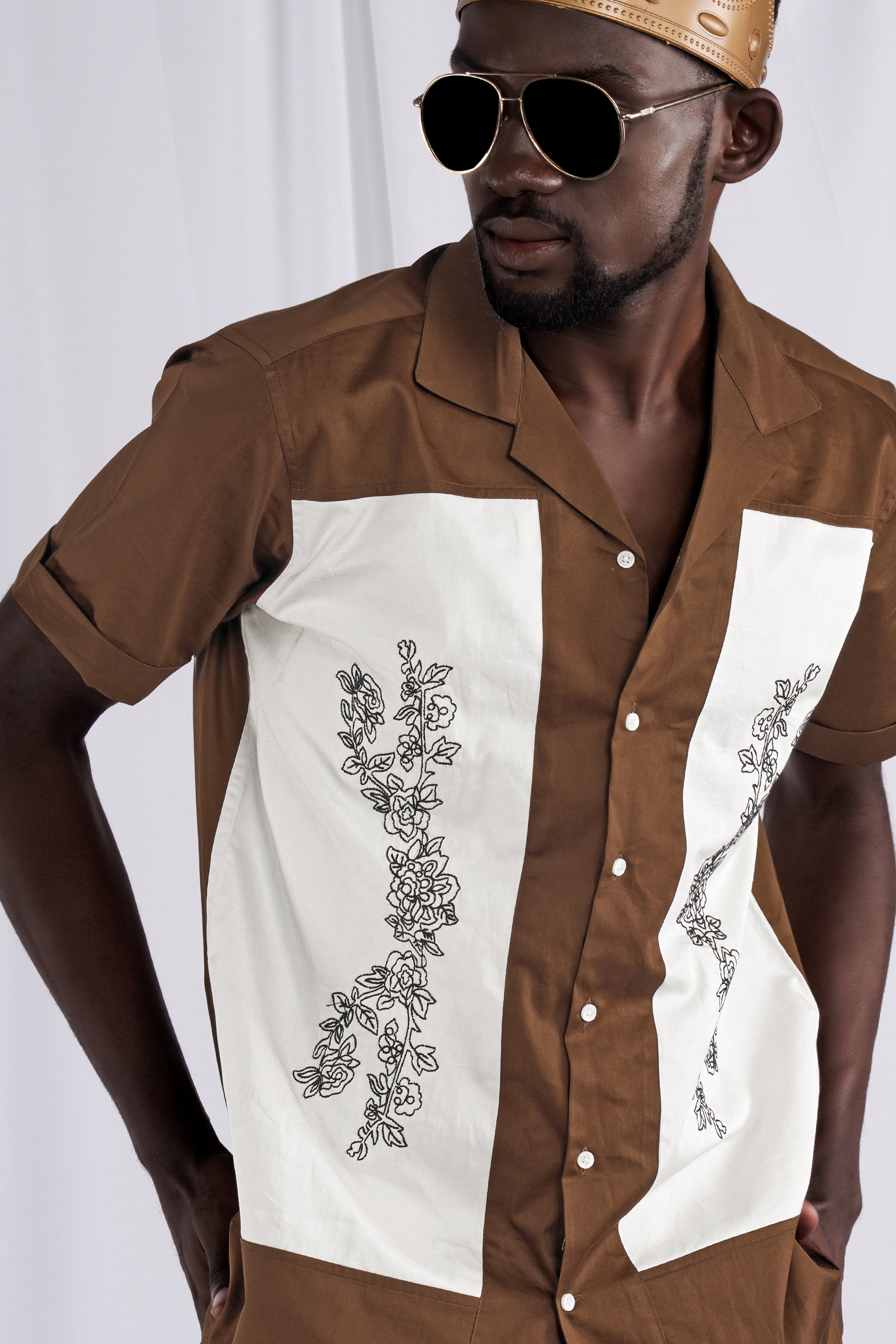 Pickled Bean Brown with Off White Patchwork Super Soft Premium Cotton Designer Shirt