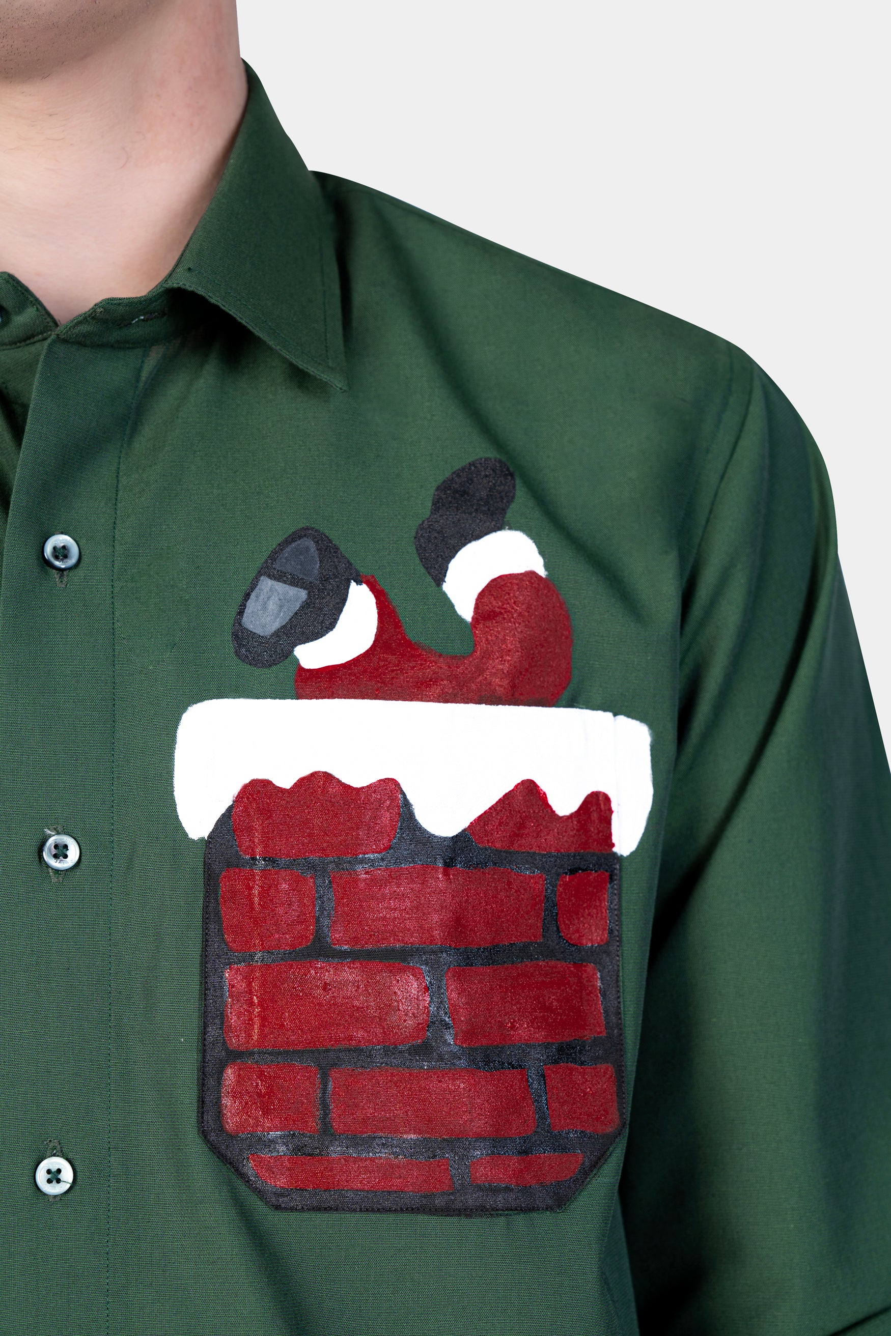 Lunar Green Funny Santa Hand Painted Chambray Designer Shirt