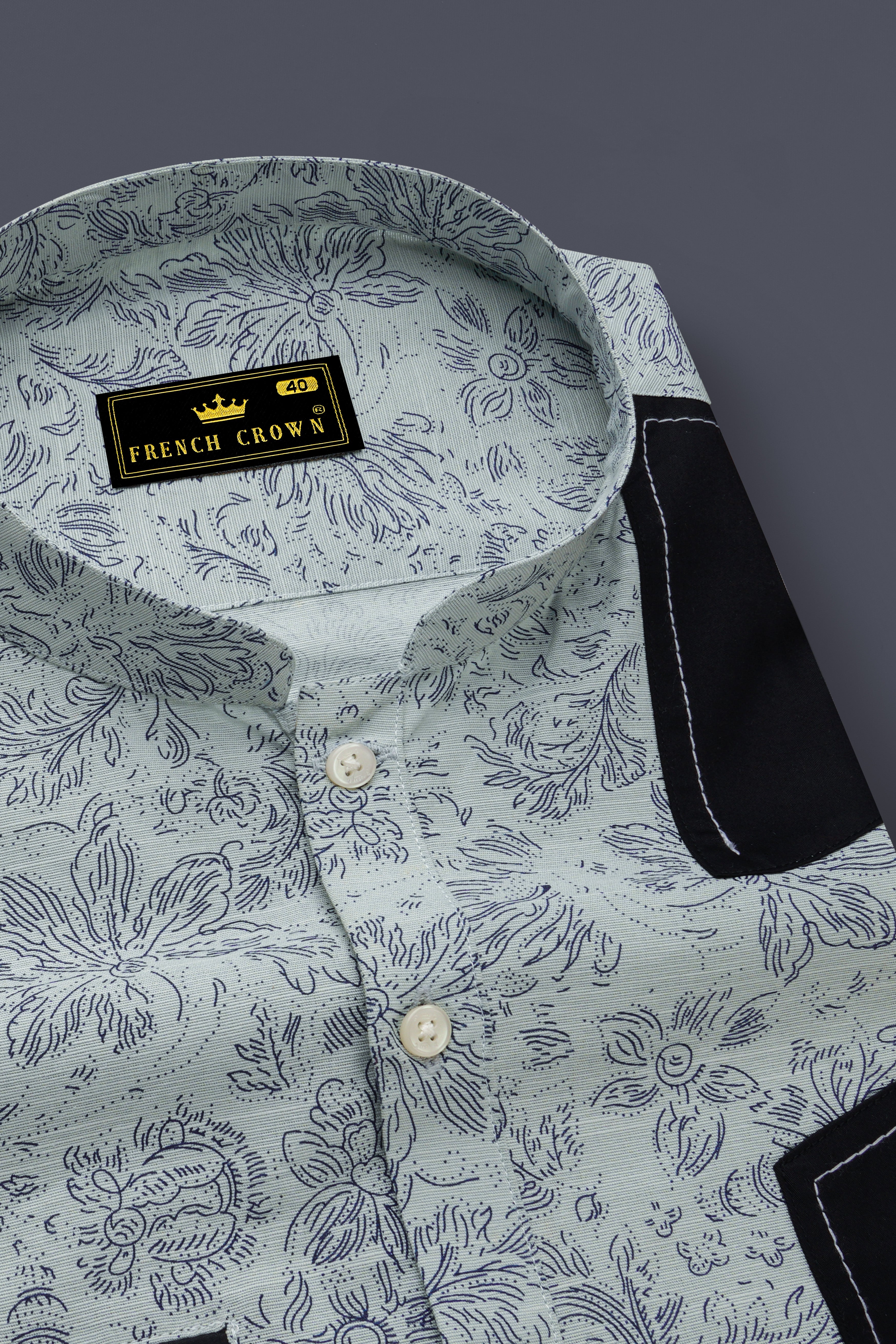 Conch Gray with Black Patch work Luxurious Linen Designer Shirt