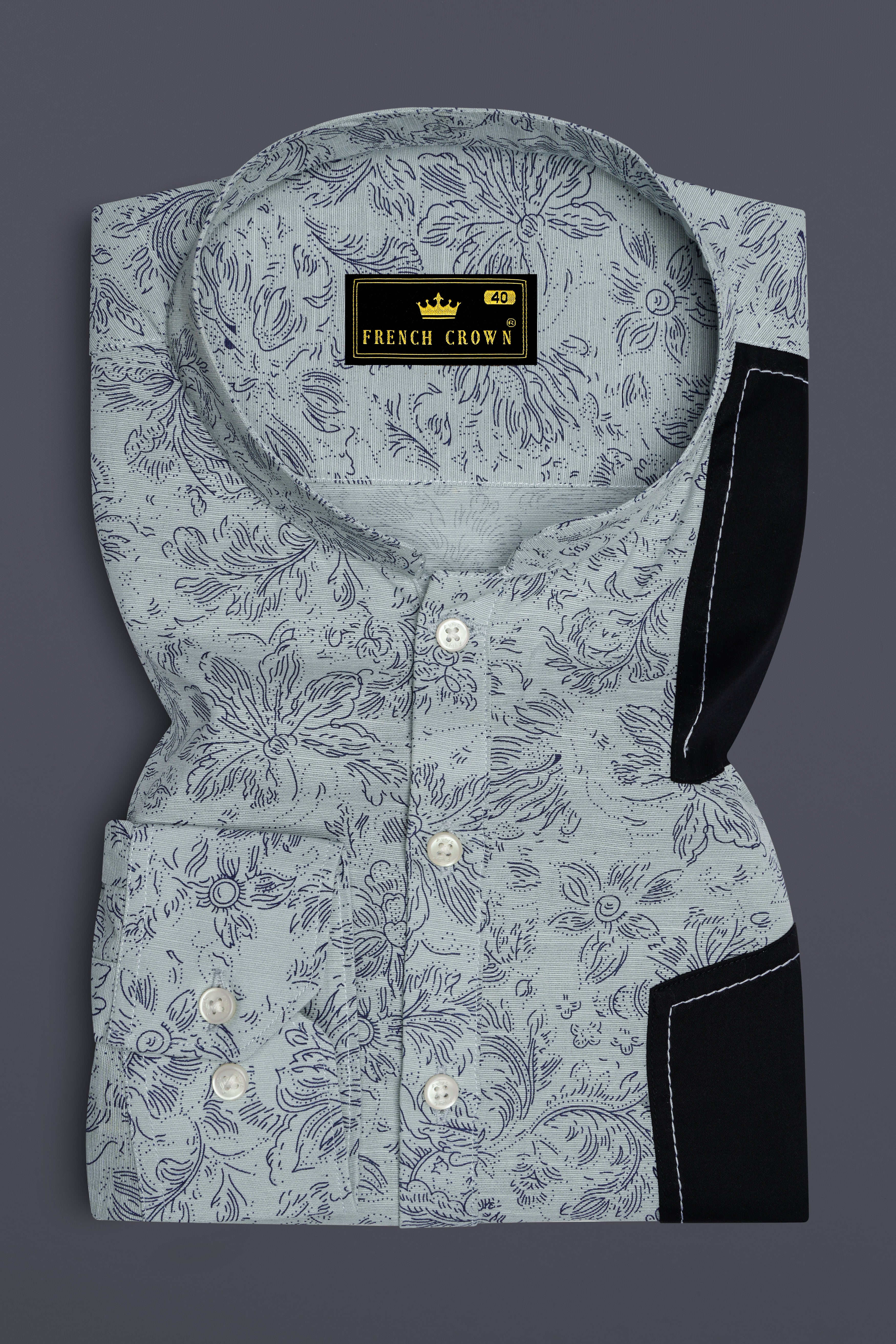 Conch Gray with Black Patch work Luxurious Linen Designer Shirt