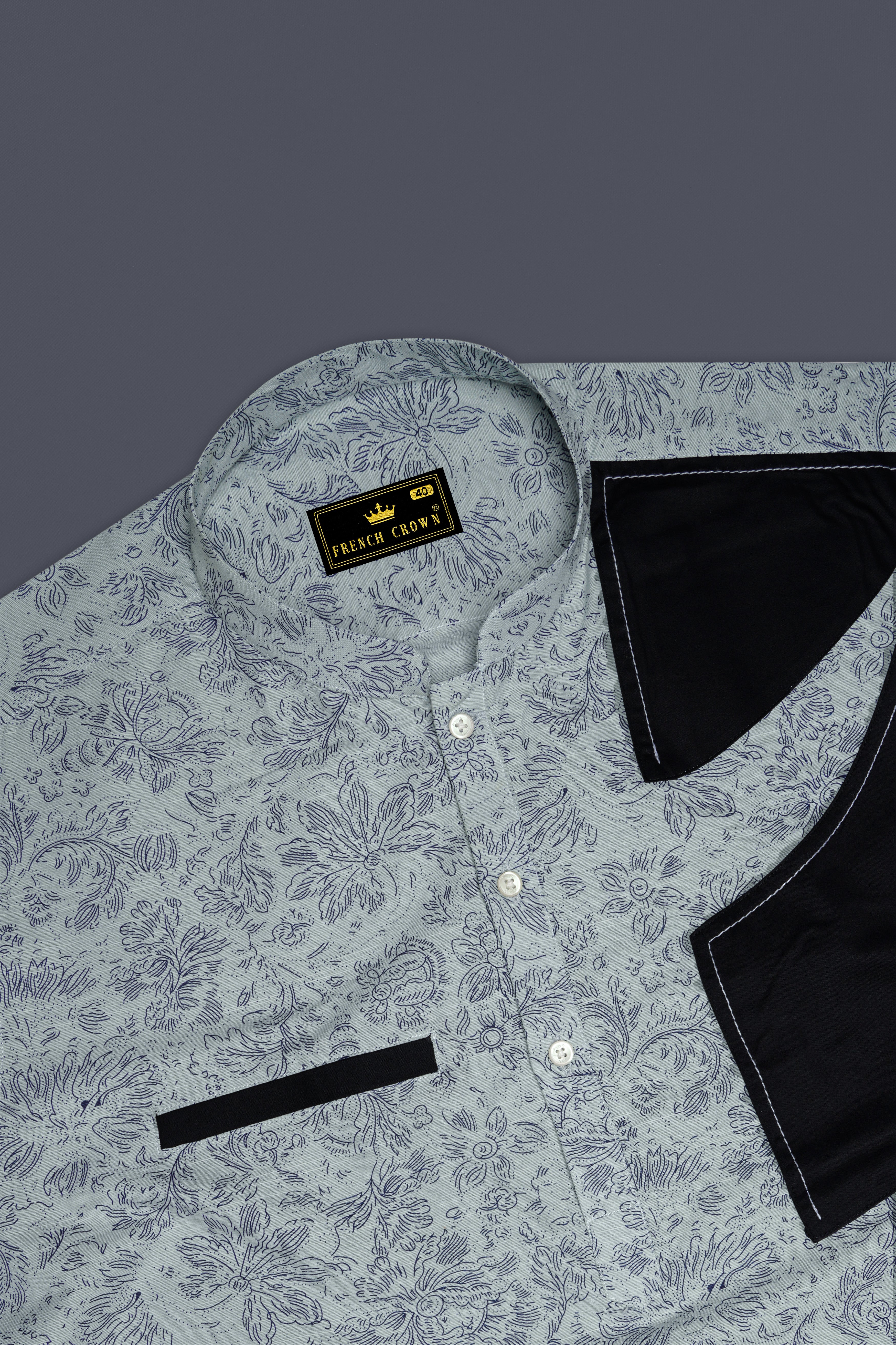 Conch Gray with Black Patch work Luxurious Linen Designer Shirt