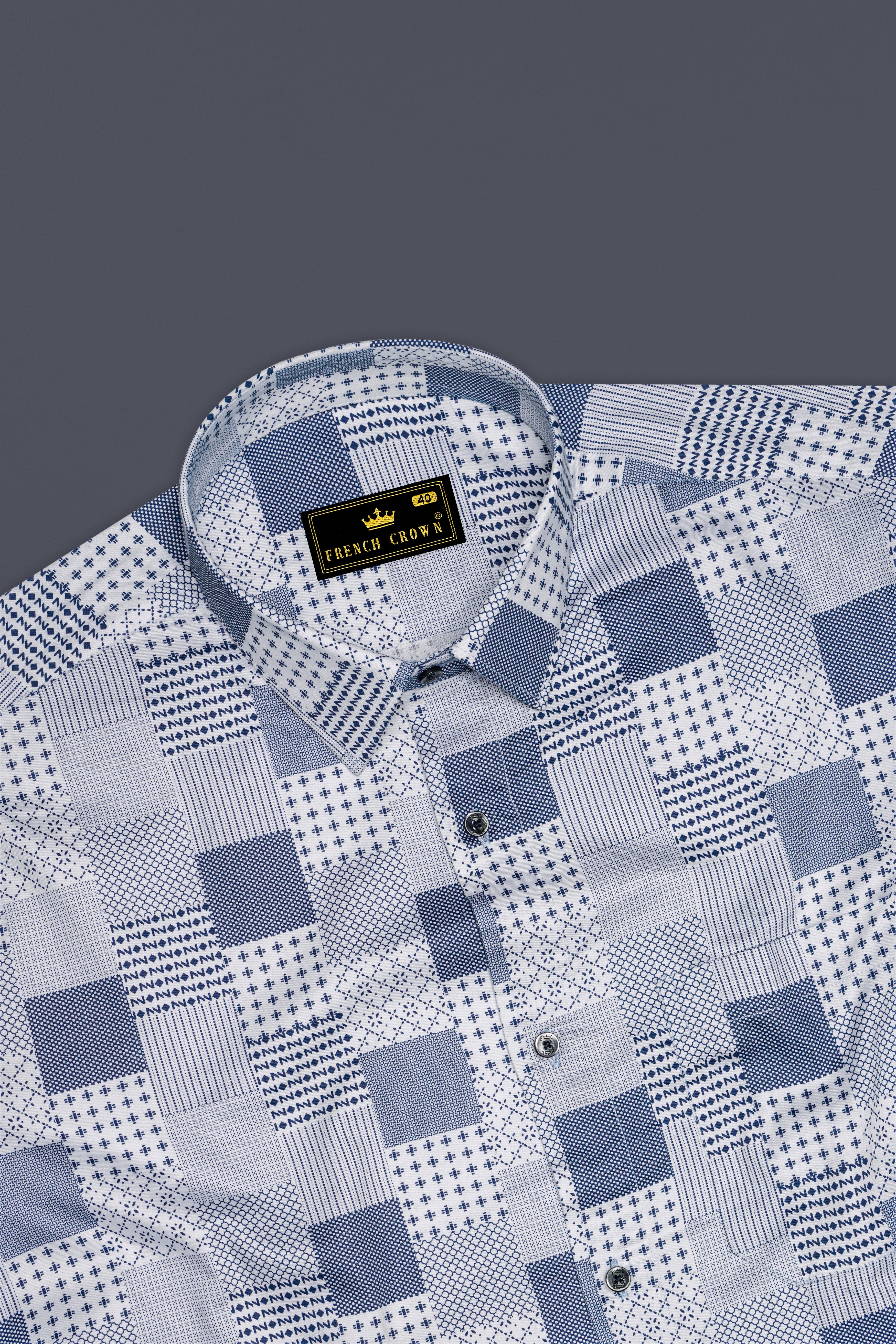 Bright White with Bluewood Blue Square Printed Super Soft Premium Cotton Shirts
