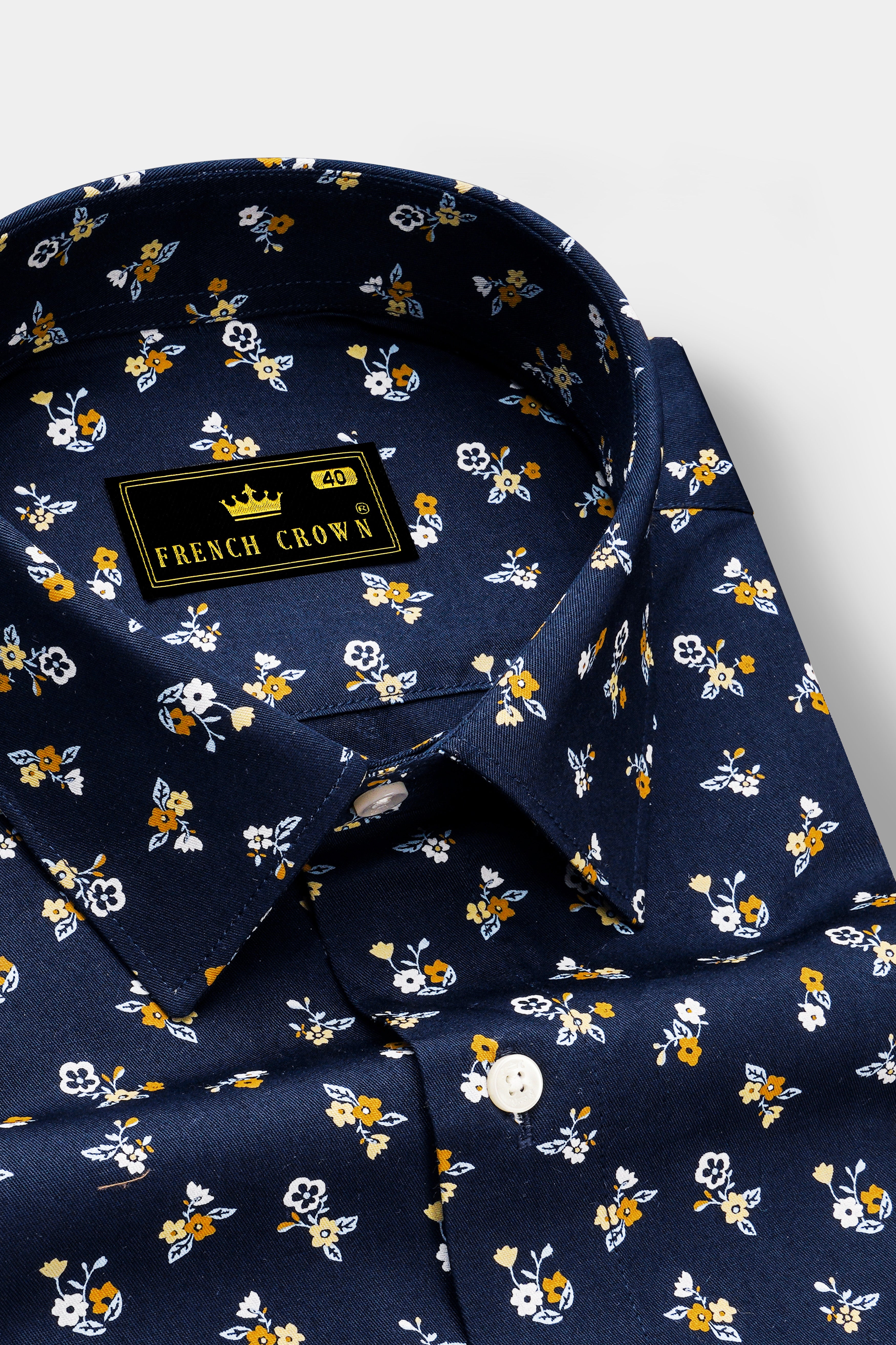 Ebony Blue Ditsy Printed Twill Premium Cotton Shirt