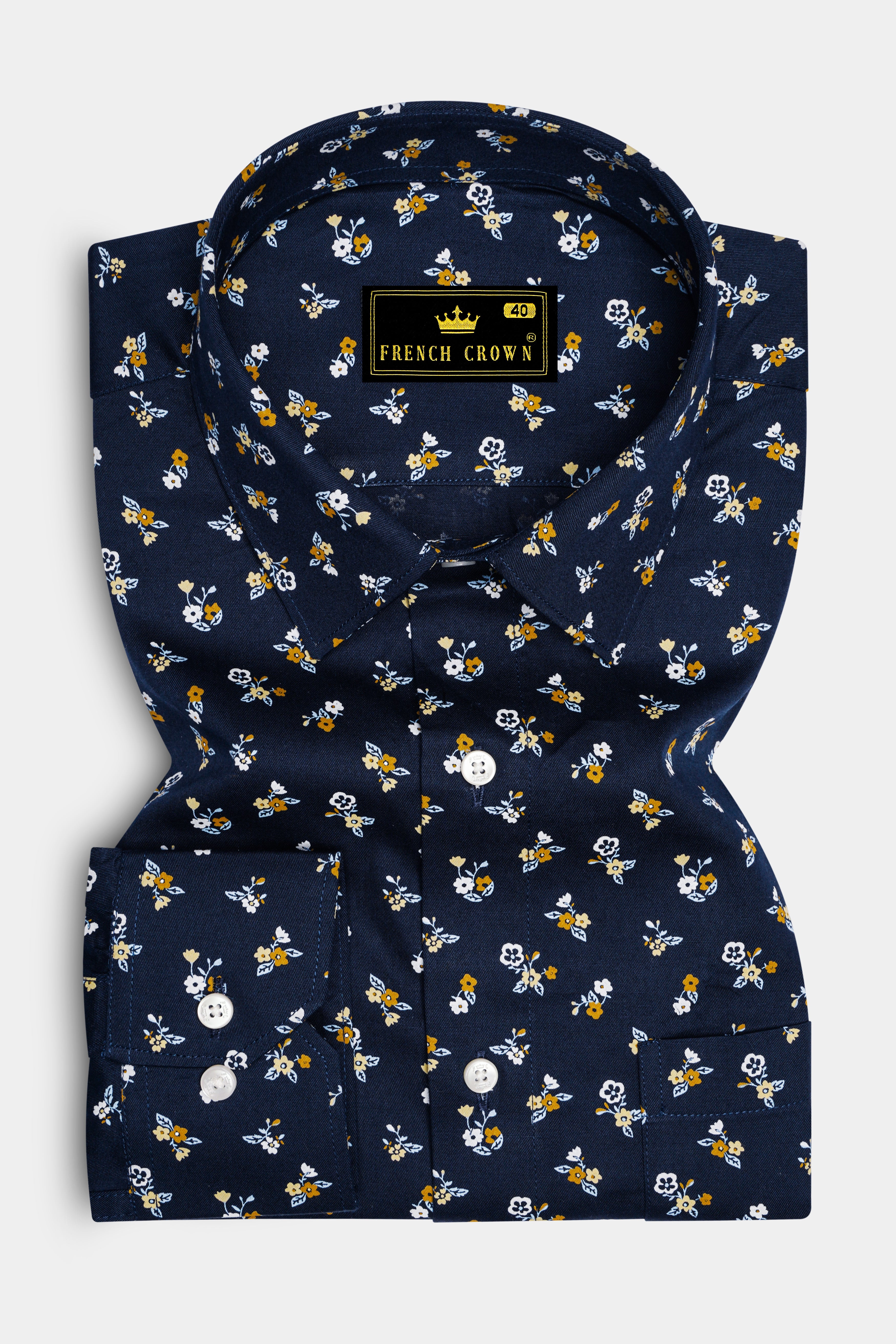 Ebony Blue Ditsy Printed Twill Premium Cotton Shirt