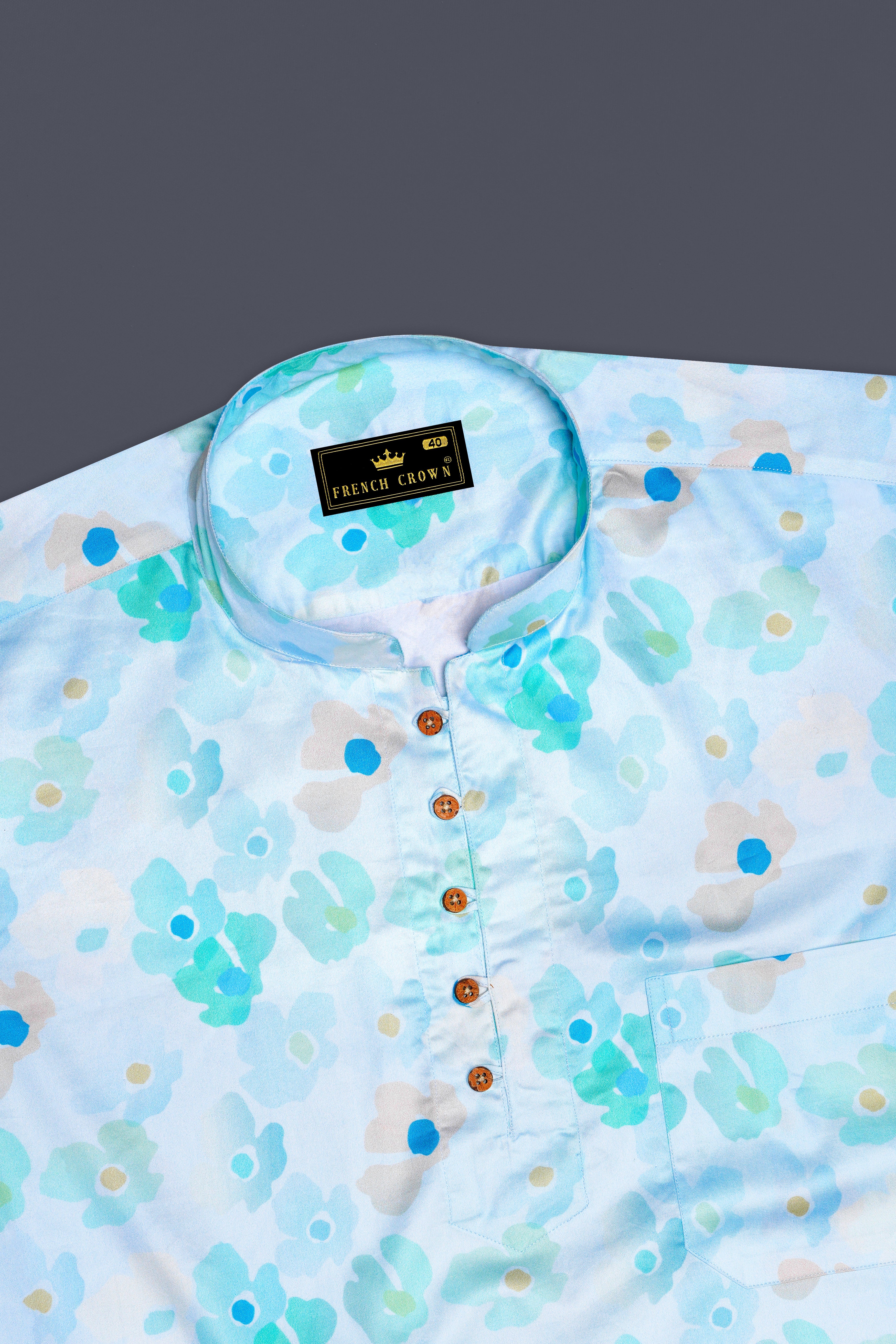 Periglacial Green with Aqua Blue Printed Super Soft Premium Cotton Kurta Shirt