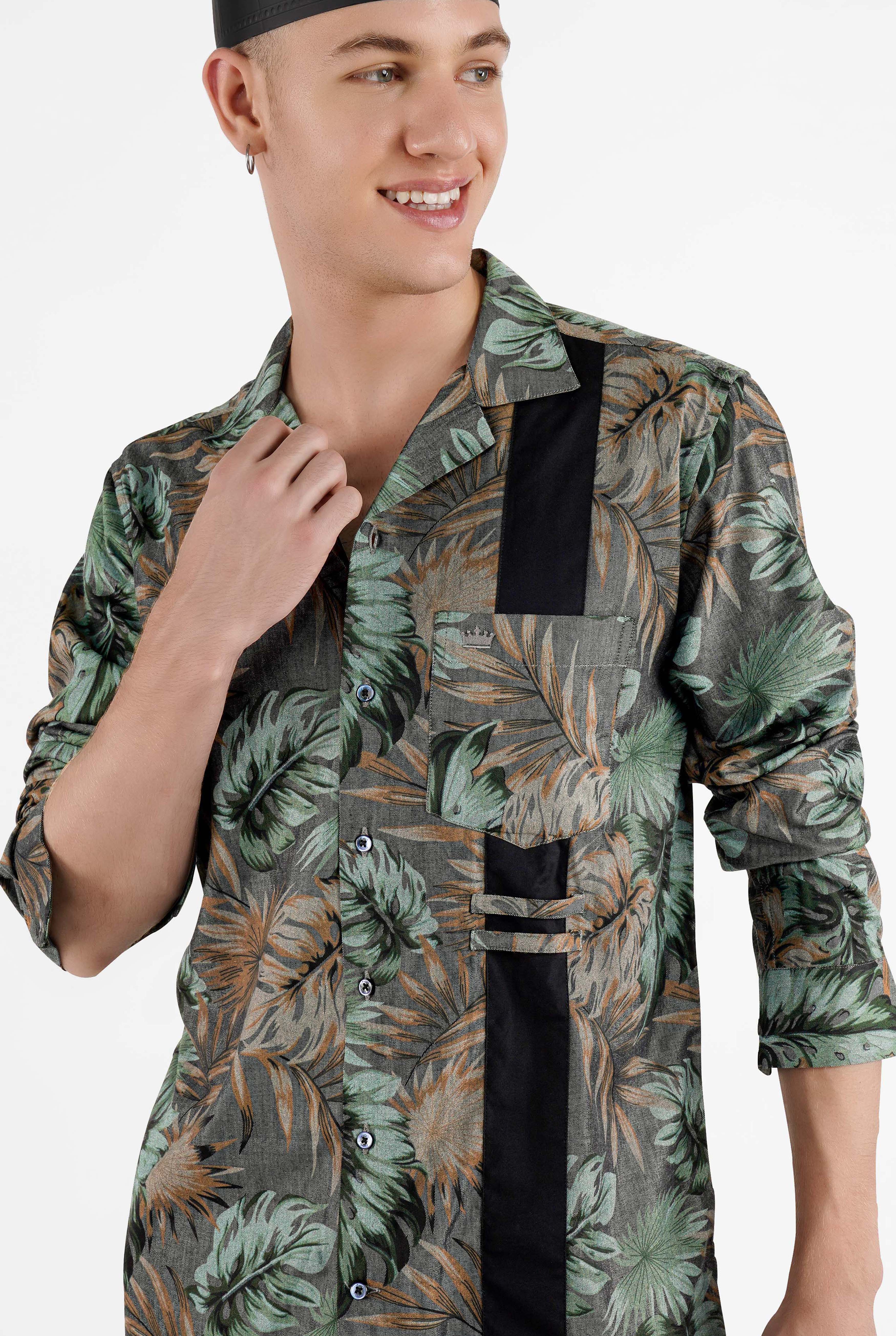 Fuscous Grey with Multi-Coloured Tropical Printed Chambray Designer Shirt