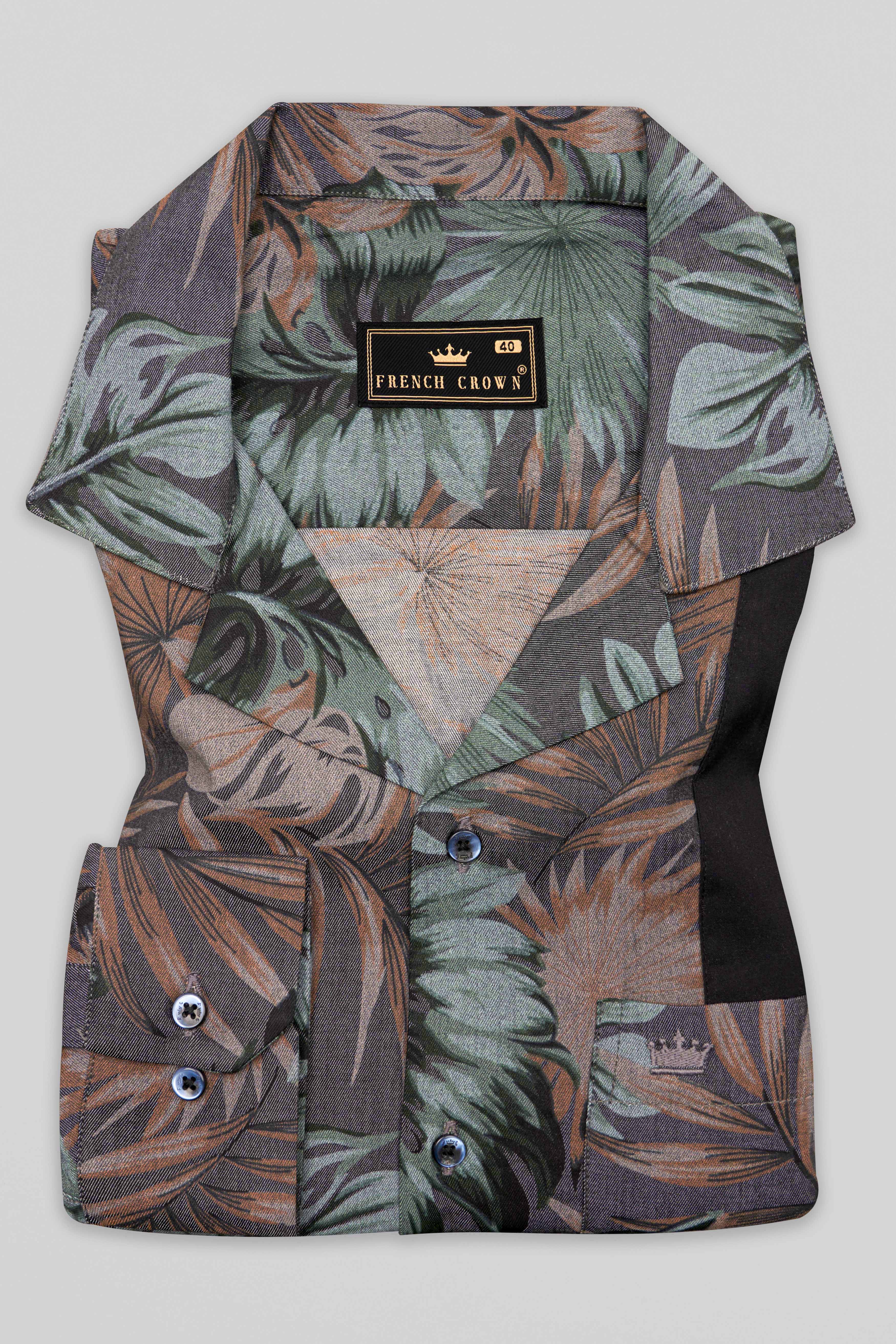 Fuscous Grey with Multi-Coloured Tropical Printed Chambray Designer Shirt