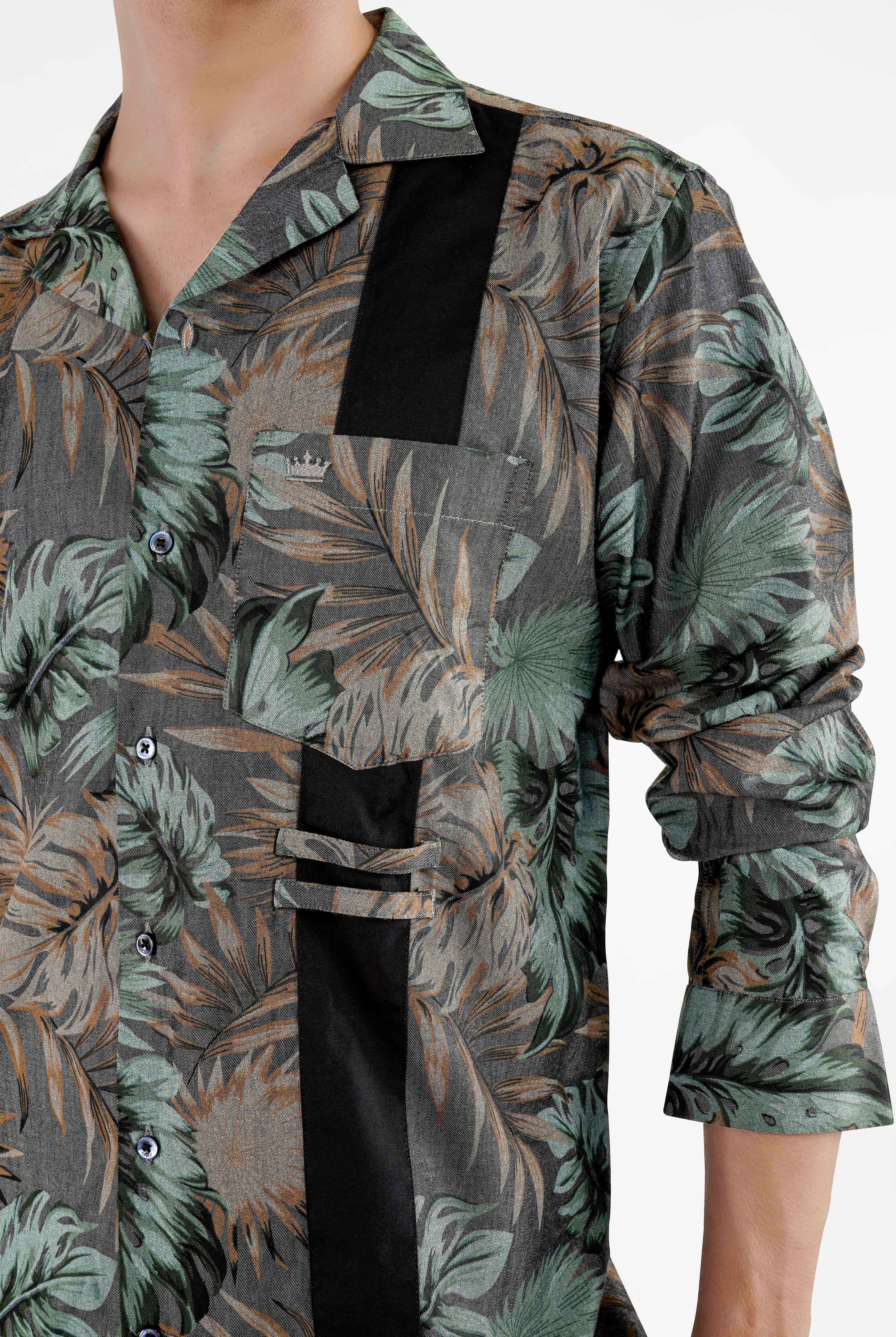 Fuscous Grey with Multi-Coloured Tropical Printed Chambray Designer Shirt