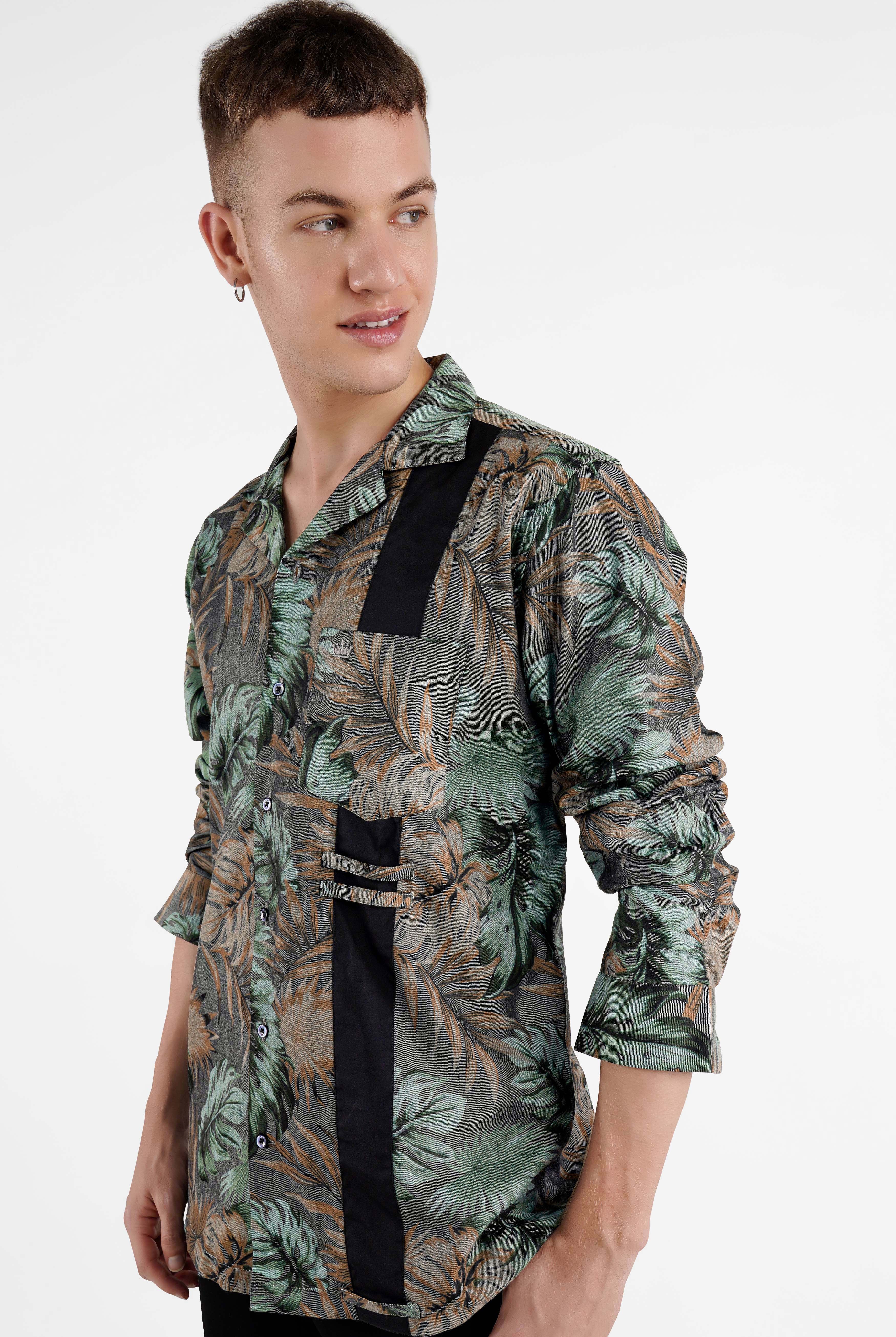 Fuscous Grey with Multi-Coloured Tropical Printed Chambray Designer Shirt