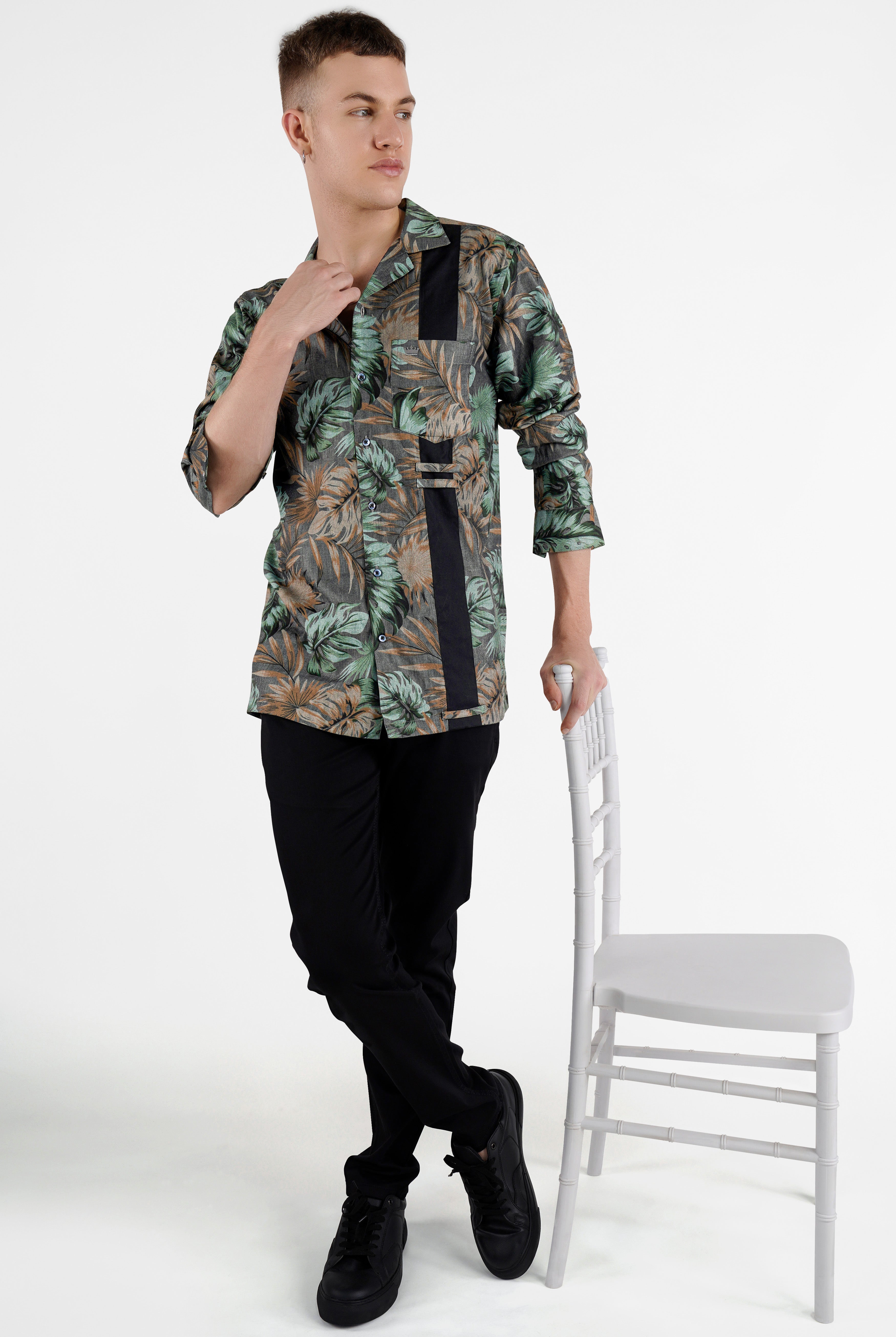 Fuscous Grey with Multi-Coloured Tropical Printed Chambray Designer Shirt