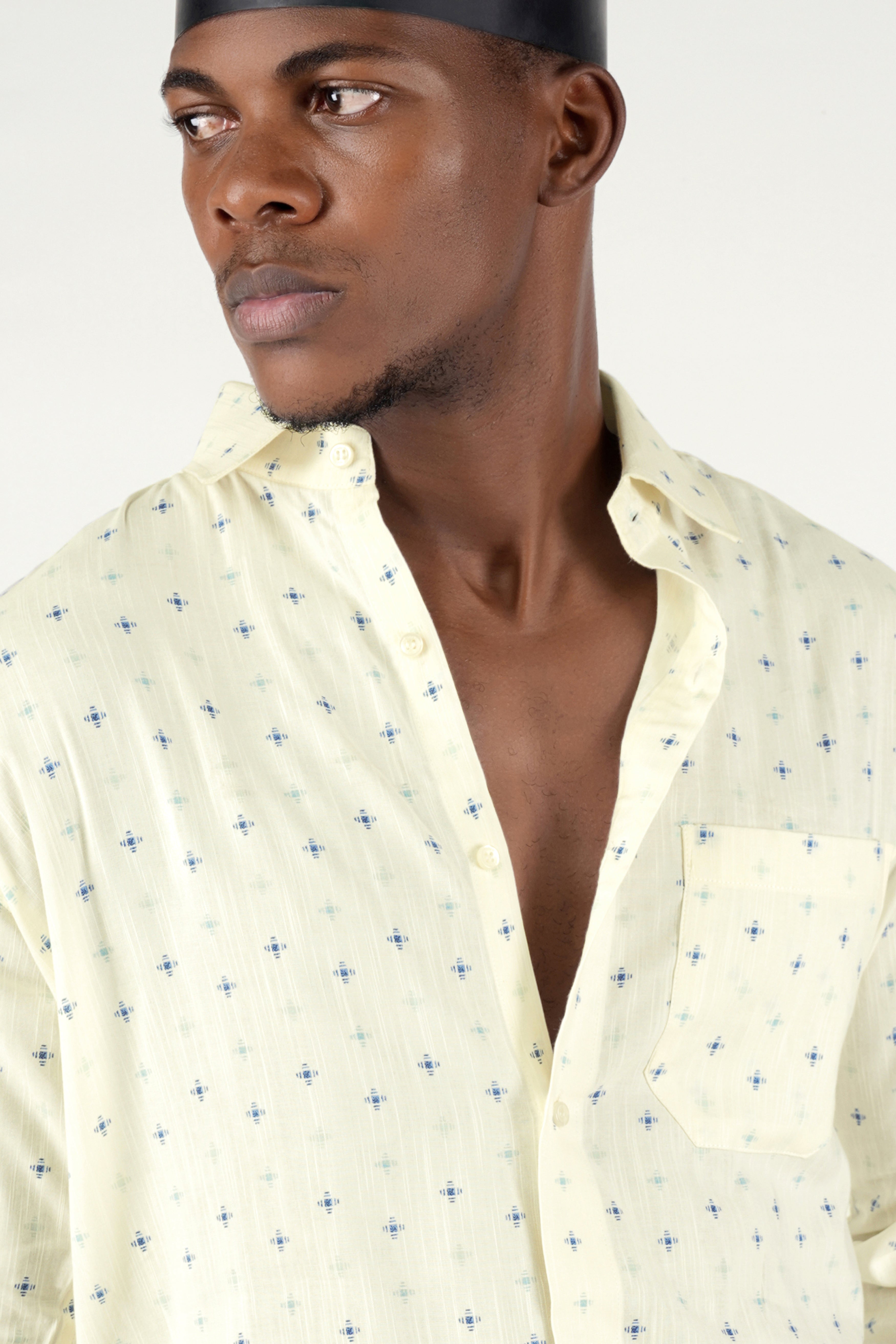 Bone Beige with Bayoux Blue Textured Premium Tencel Shirt