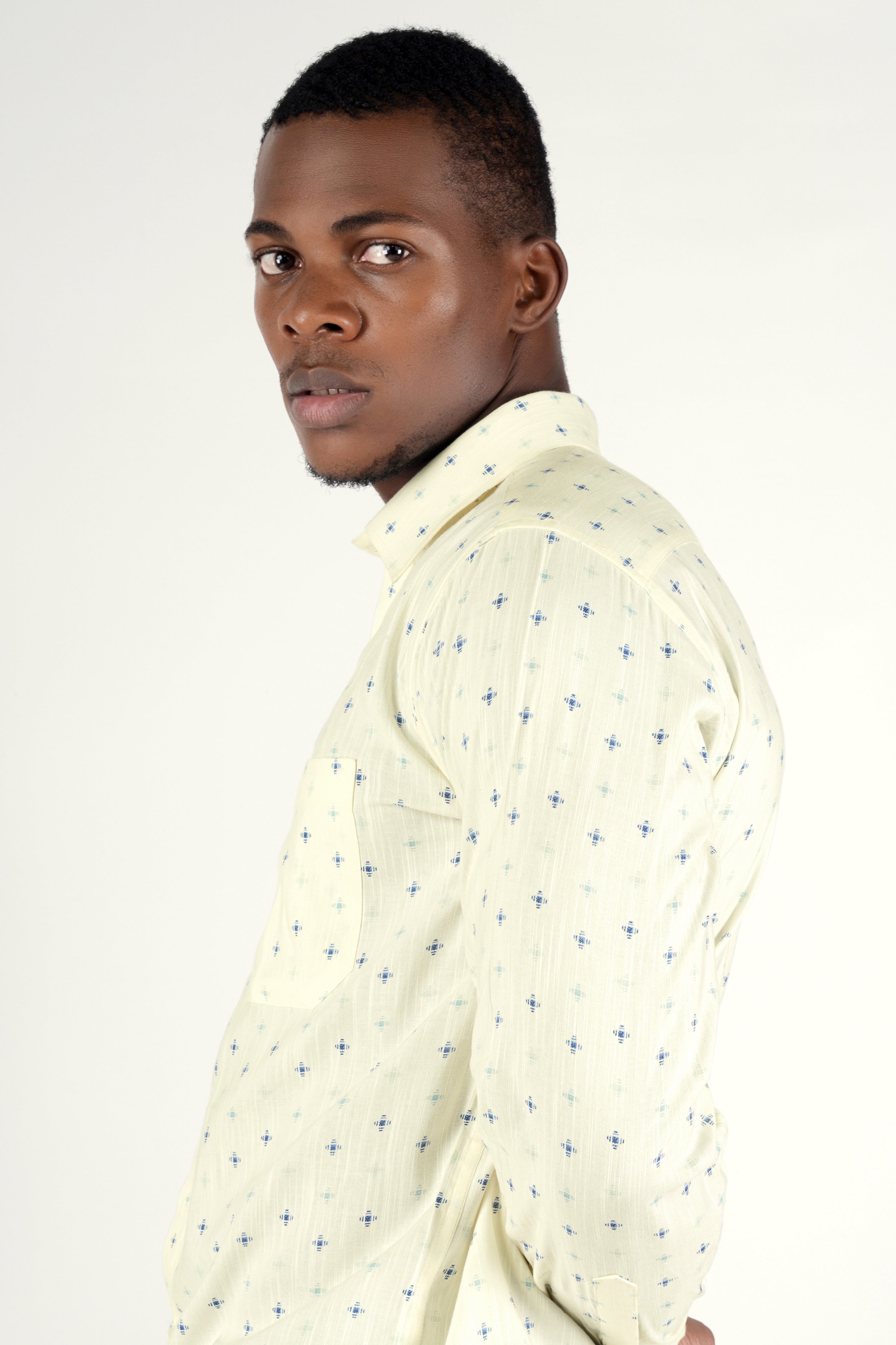 Bone Beige with Bayoux Blue Textured Premium Tencel Shirt
