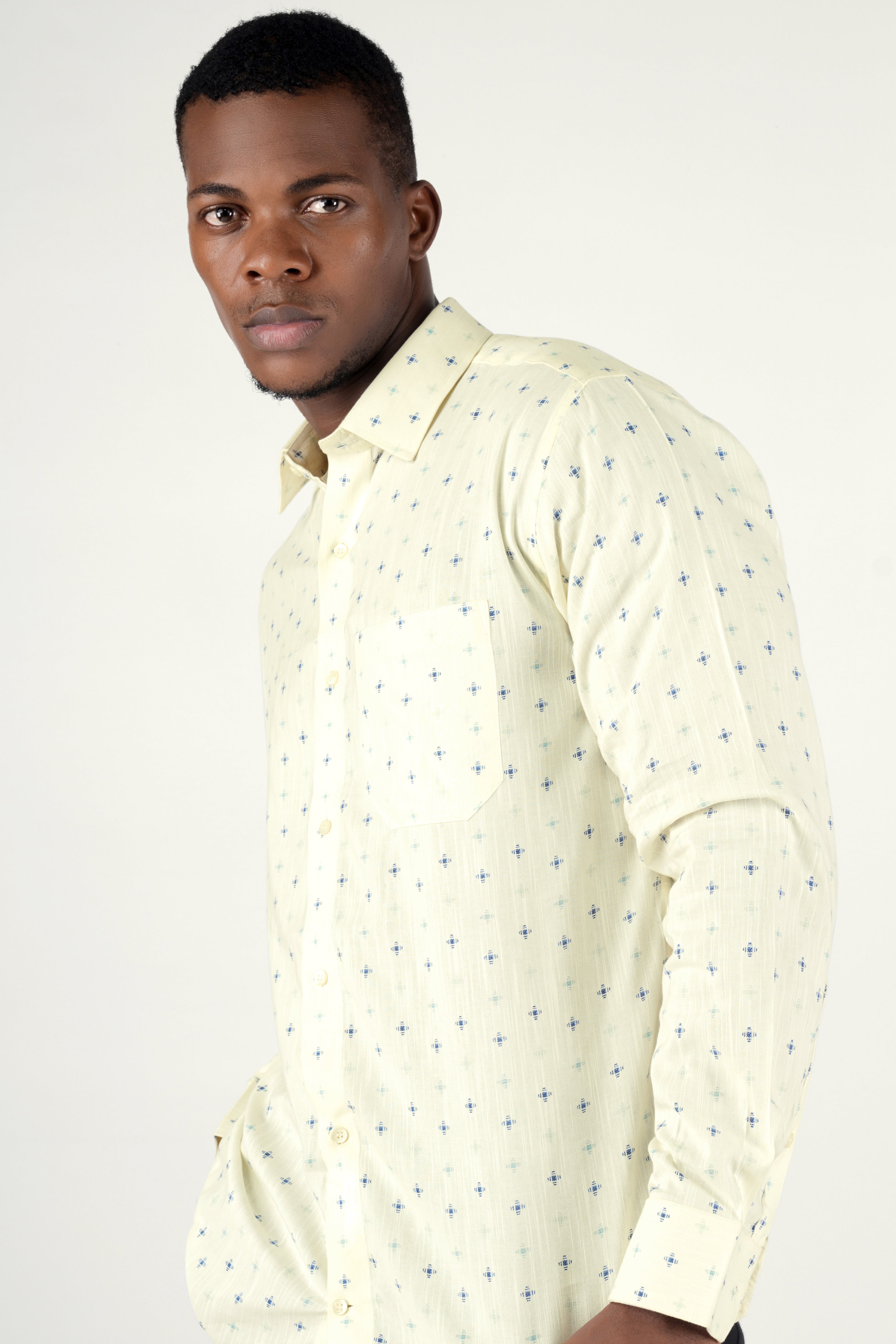 Bone Beige with Bayoux Blue Textured Premium Tencel Shirt