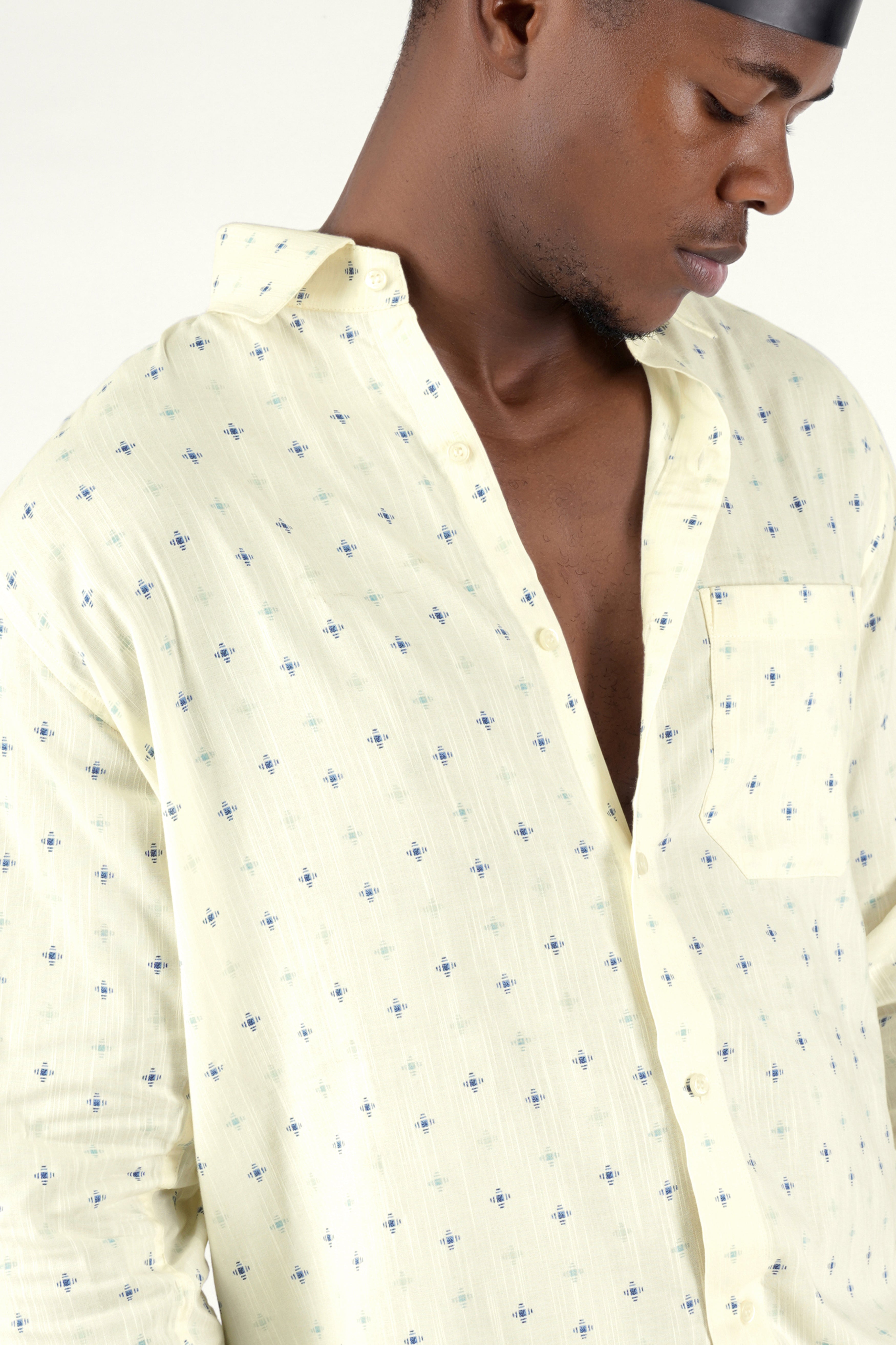 Bone Beige with Bayoux Blue Textured Premium Tencel Shirt