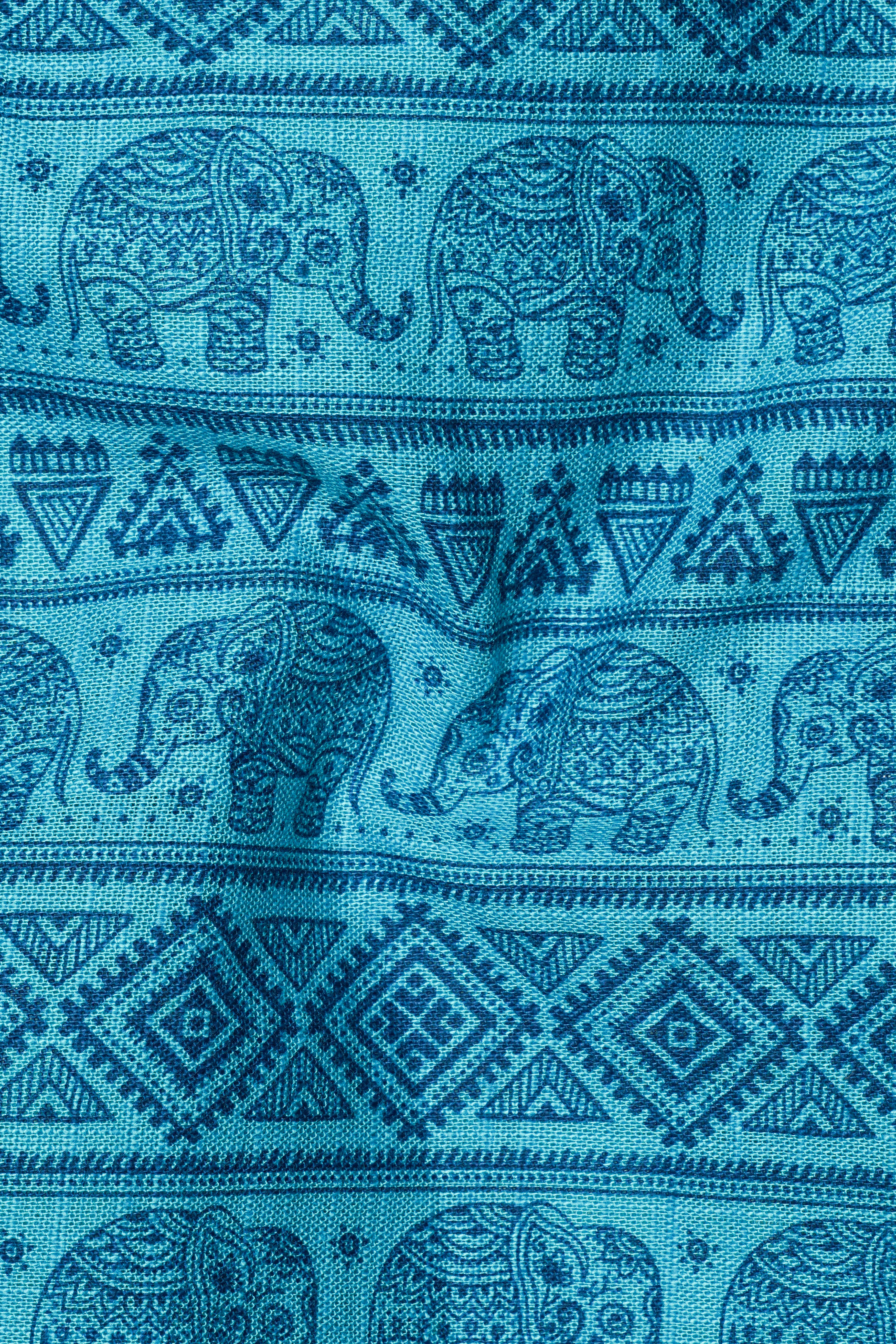 Turquoise Aqua Blue Tribal Printed Luxurious Linen Kurta Shirt