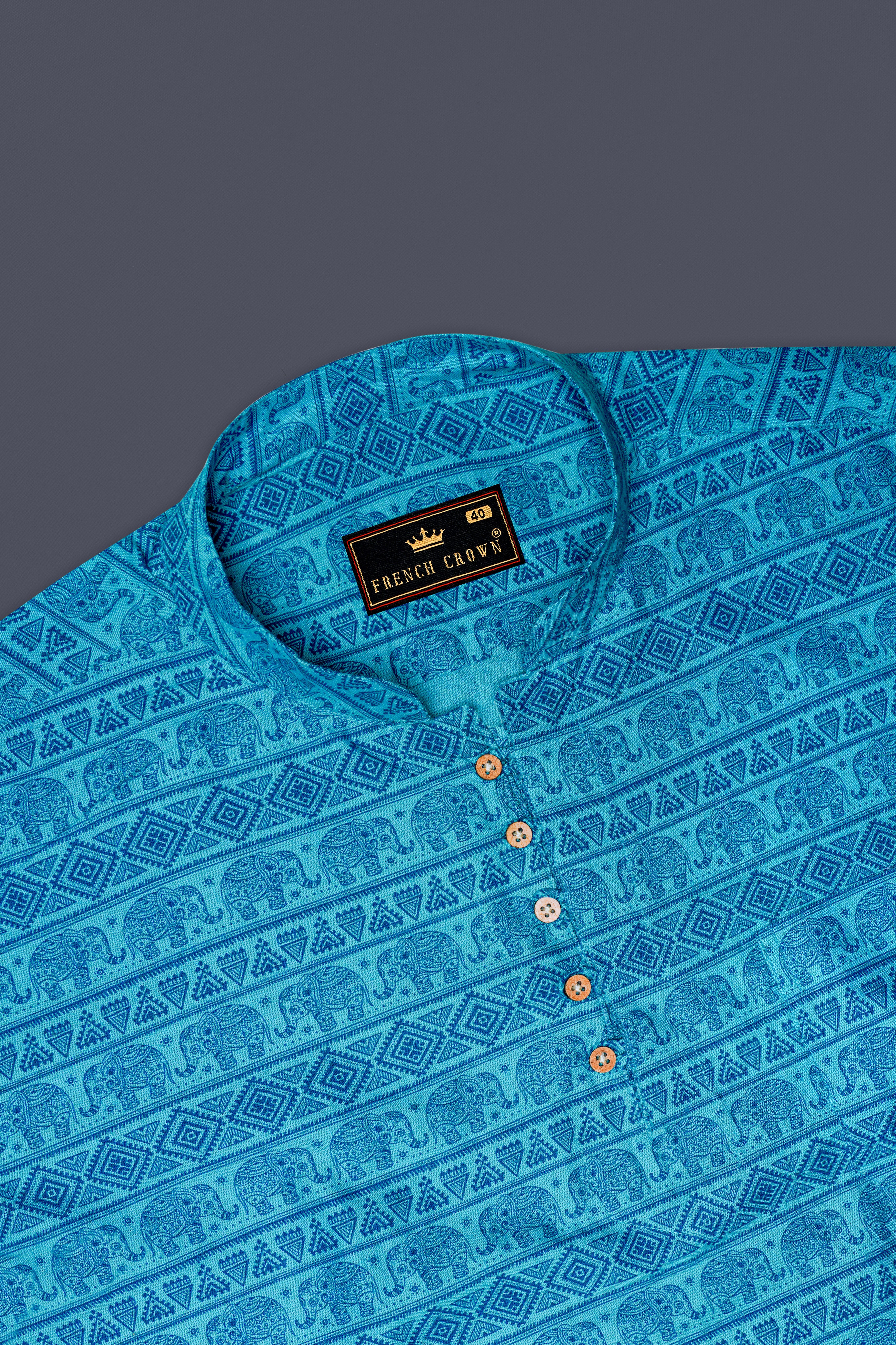 Turquoise Aqua Blue Tribal Printed Luxurious Linen Kurta Shirt