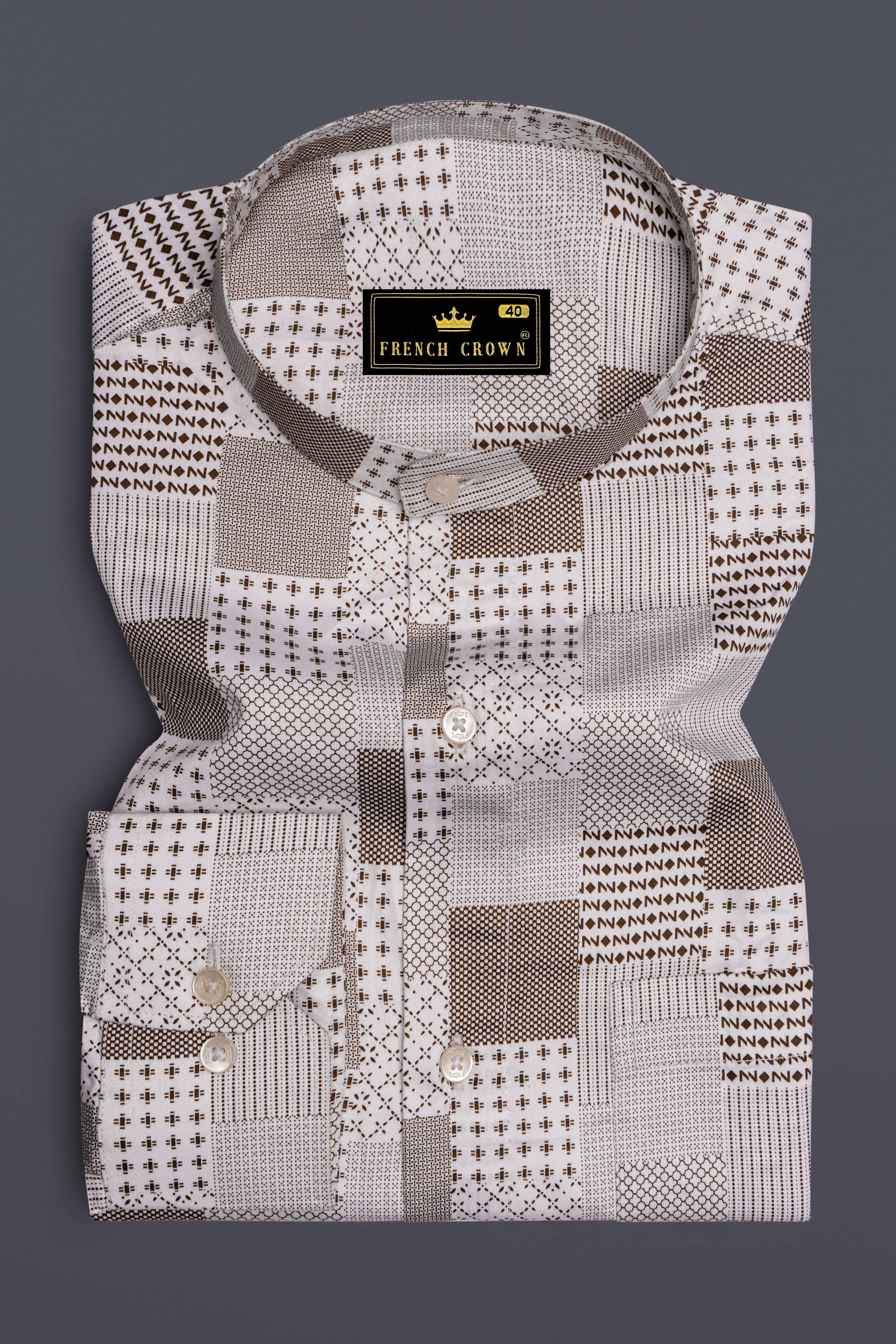 Bright White with Sepia Brown Square Printed Super Soft Premium Cotton Shirt