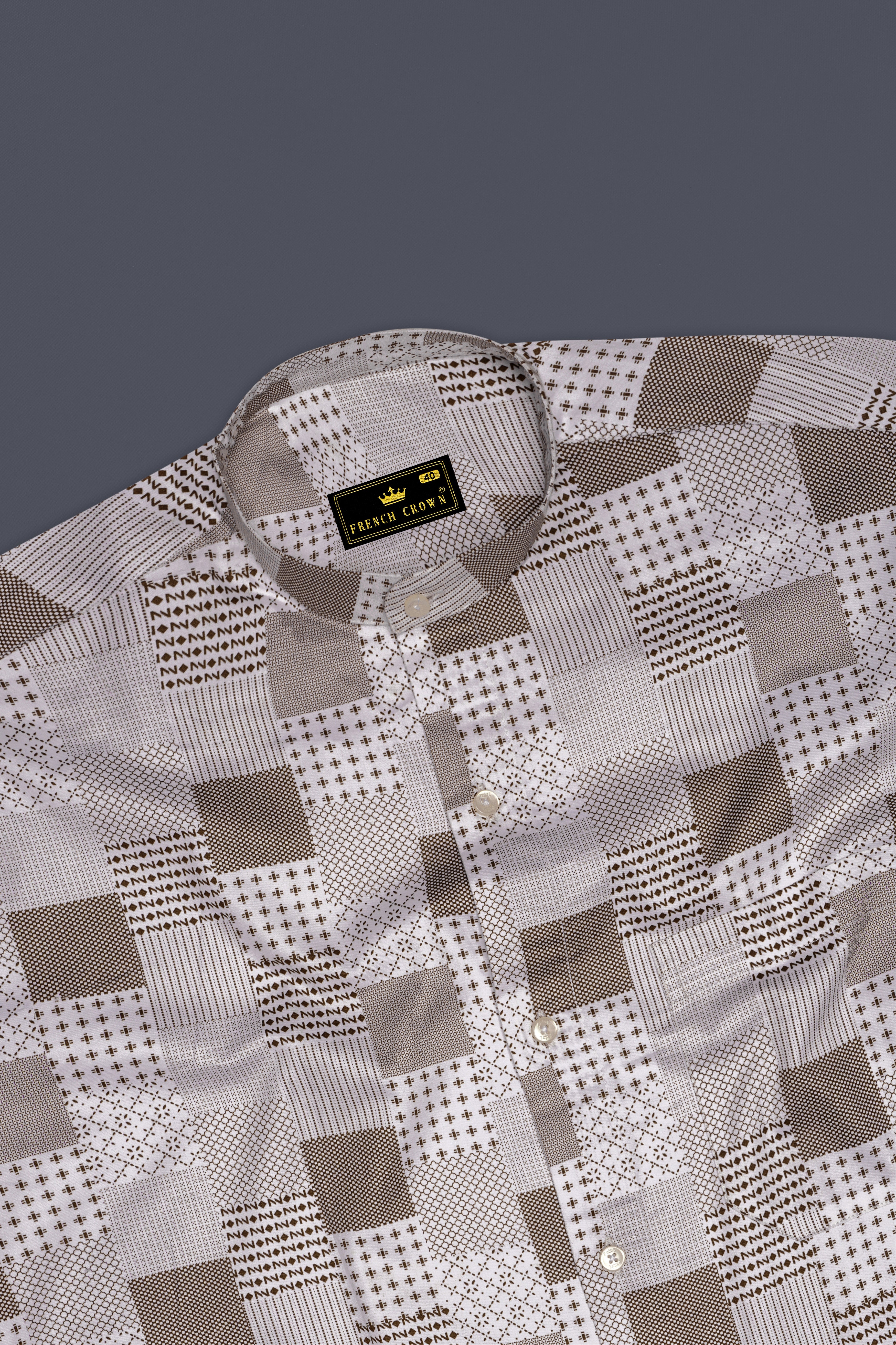 Bright White with Sepia Brown Square Printed Super Soft Premium Cotton Shirt