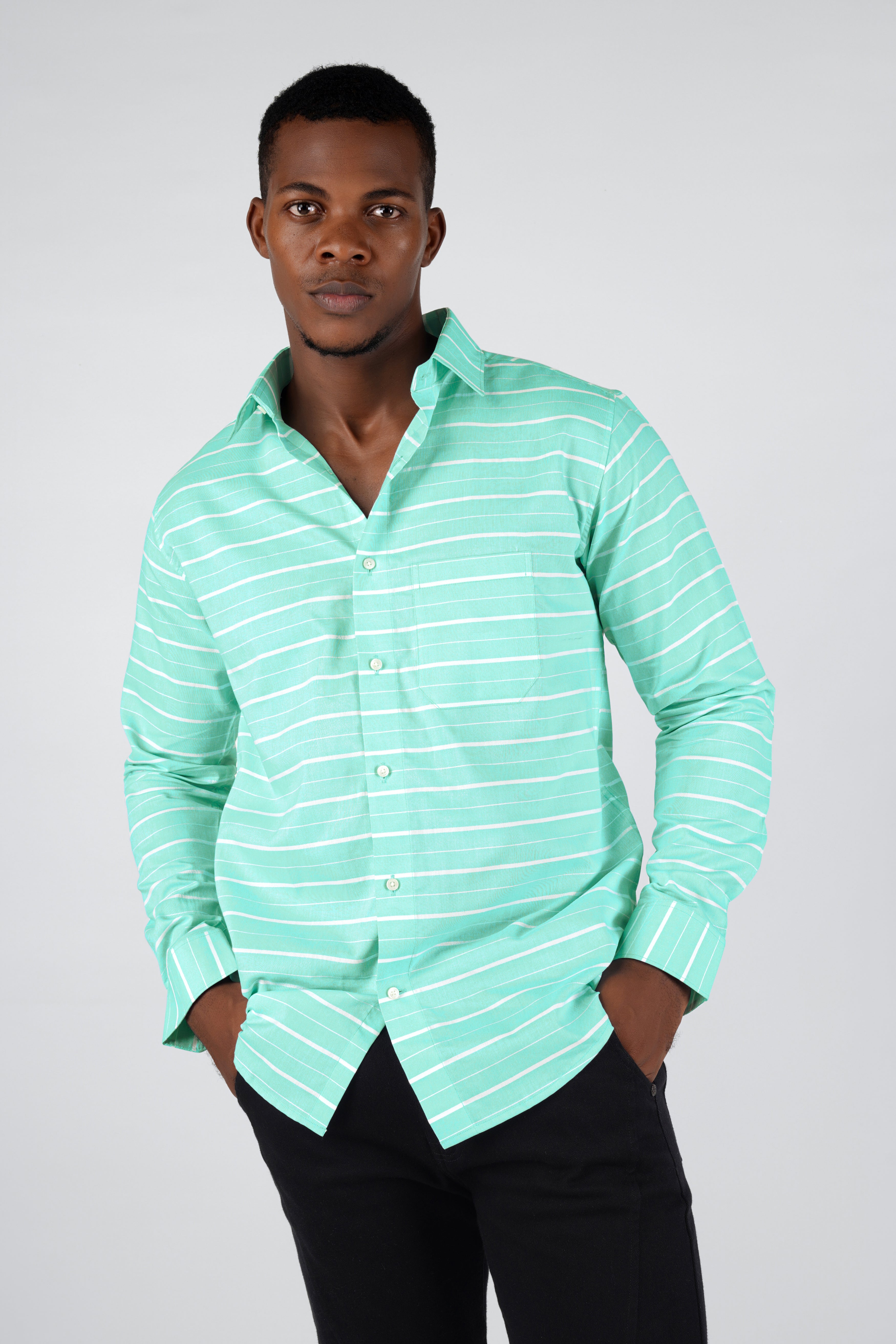 Morning Aqua Blue with White Striped Royal Oxford Shirt