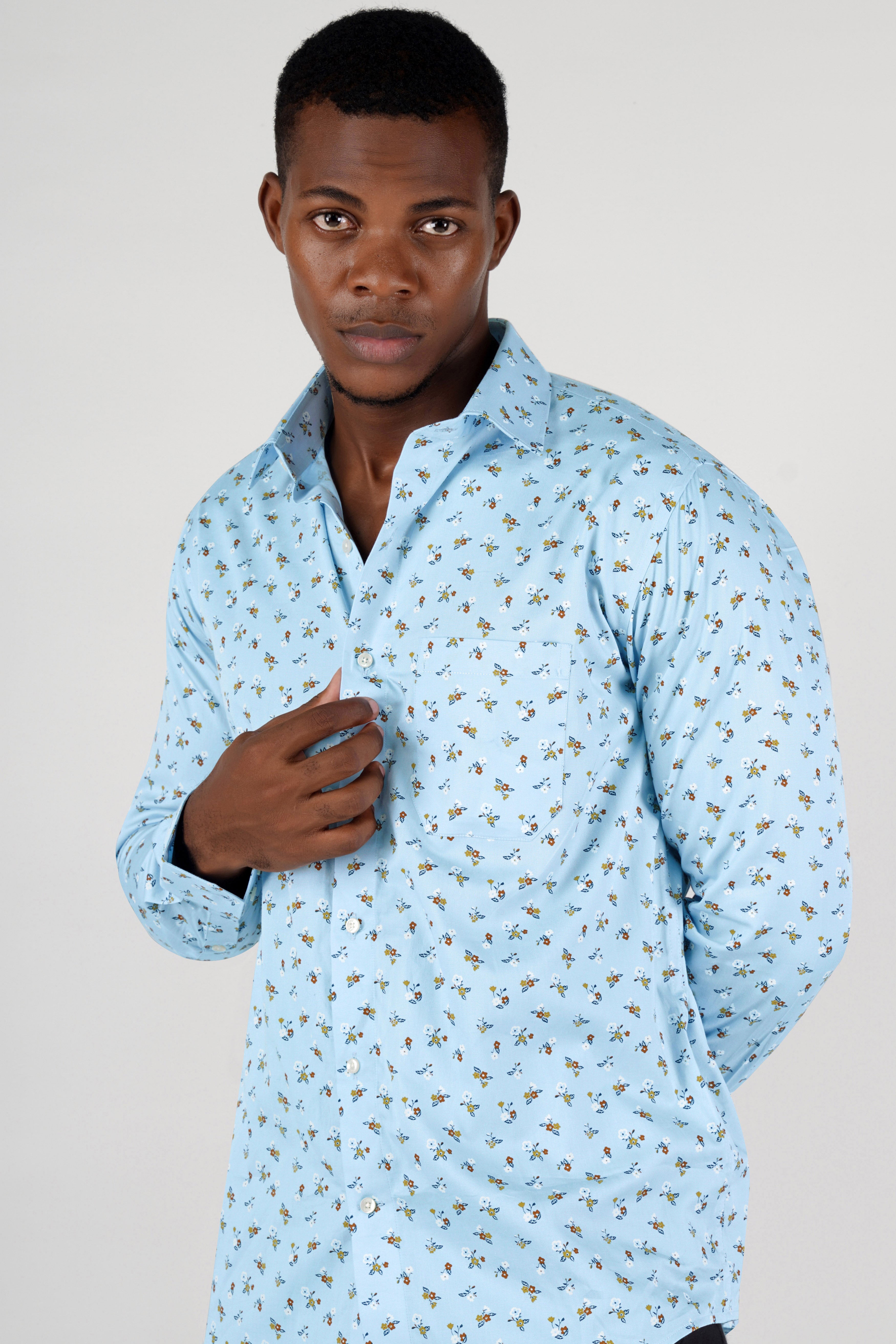 Blizzard Blue Ditsy Printed Twill Premium Cotton Shirt