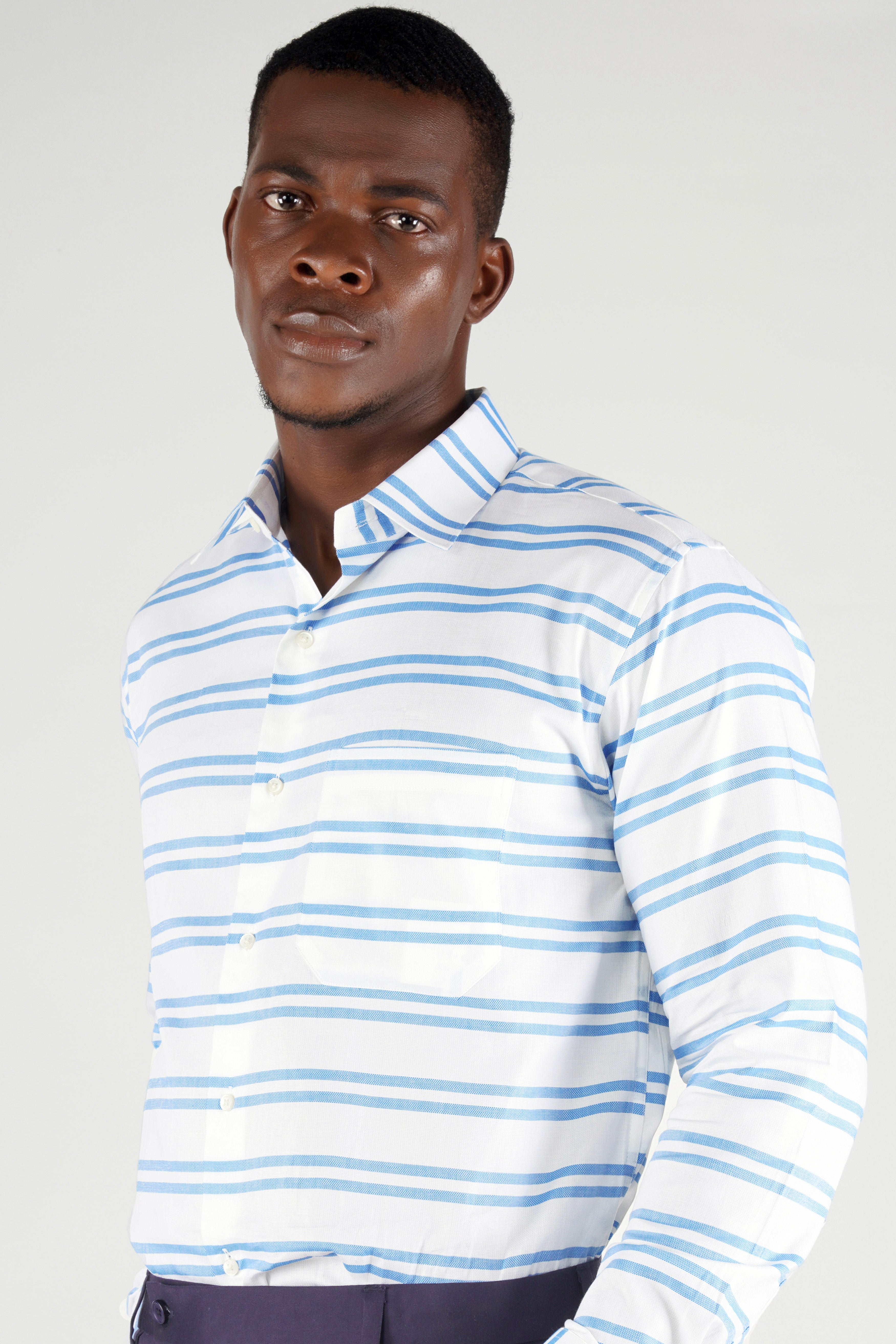Bright White with Pale Cornflower Blue Striped Dobby Textured Premium Giza Cotton Shirt