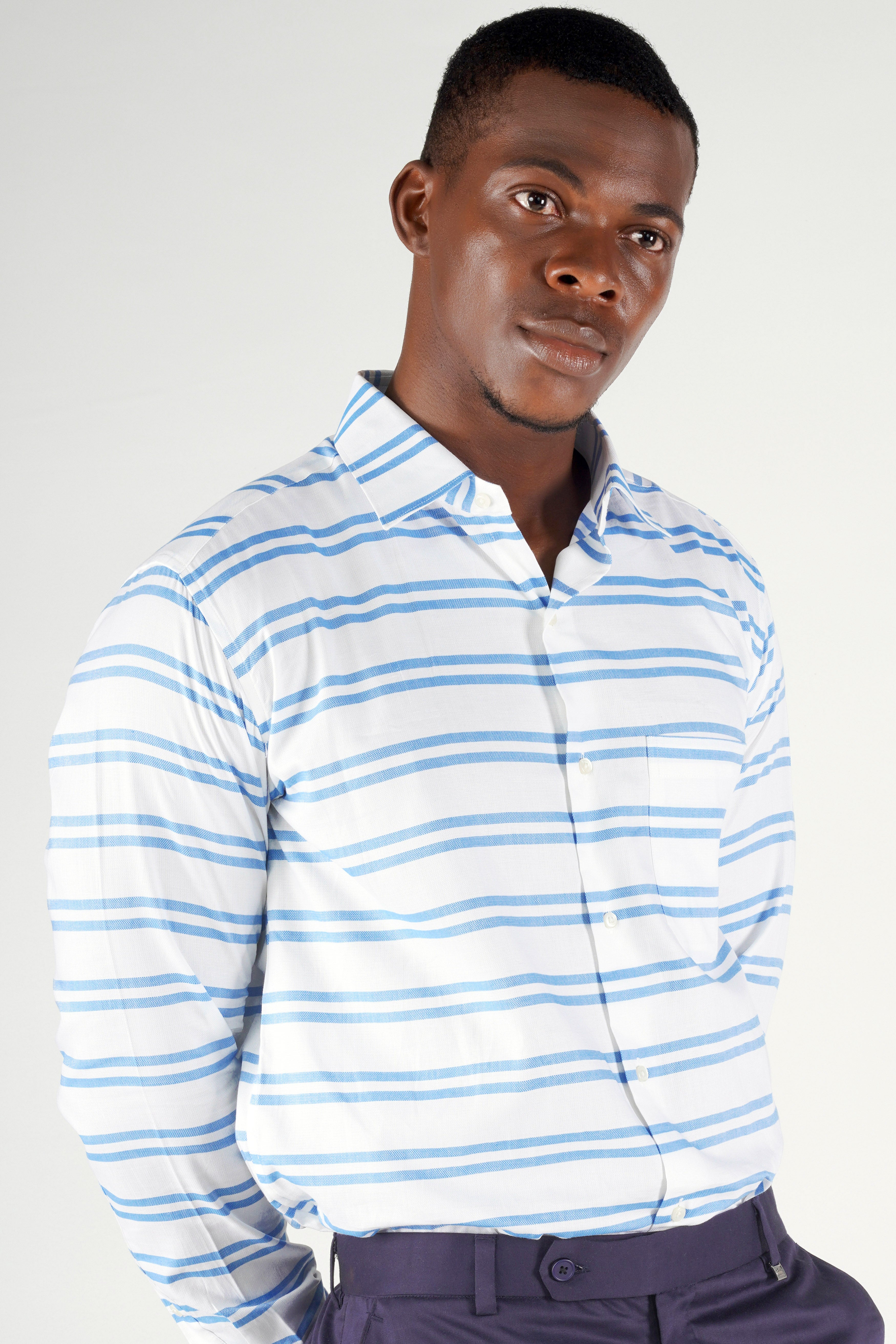 Bright White with Pale Cornflower Blue Striped Dobby Textured Premium Giza Cotton Shirt