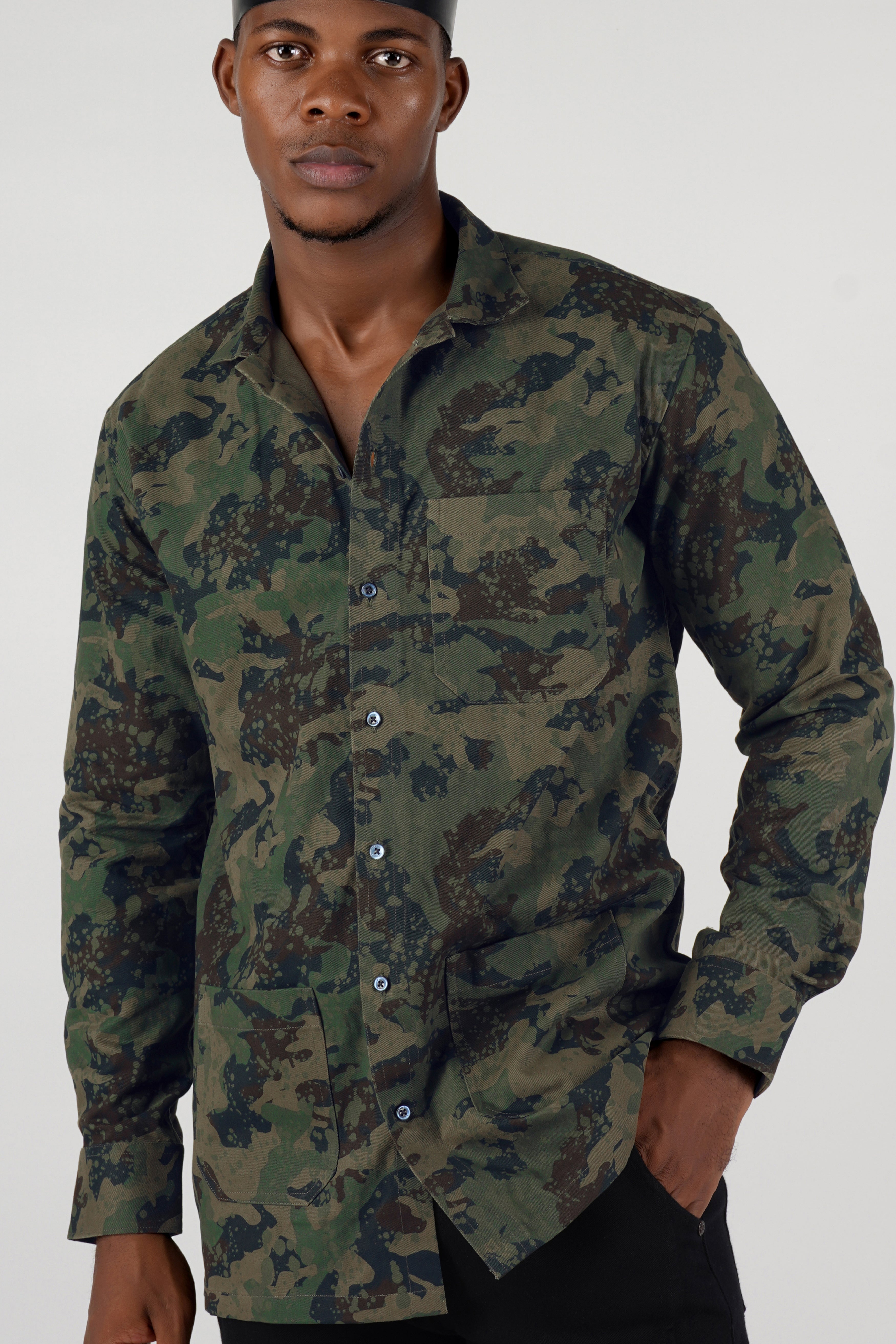 Wenge Brown with Lunar Green Camouflage Twill Premium Cotton Designer Shirt